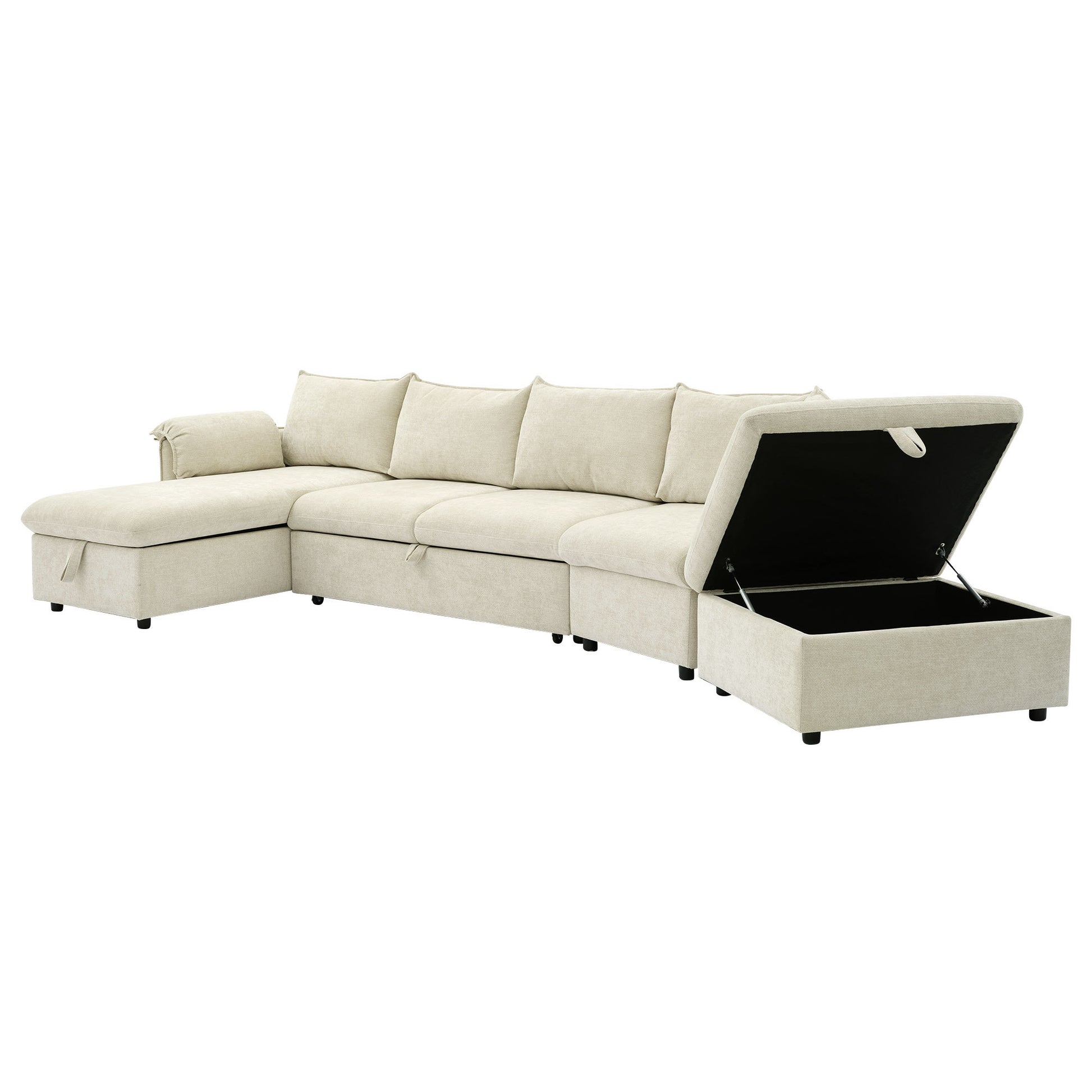 146.9" L Shaped Sofa Sectional Sofa Couch Pull Out Sofa Bed With A Movable Storage Ottoman, A Storage Chaise Lounge And Two Usb Ports For Living Room, Beige Beige Foam Linen 5 Seat