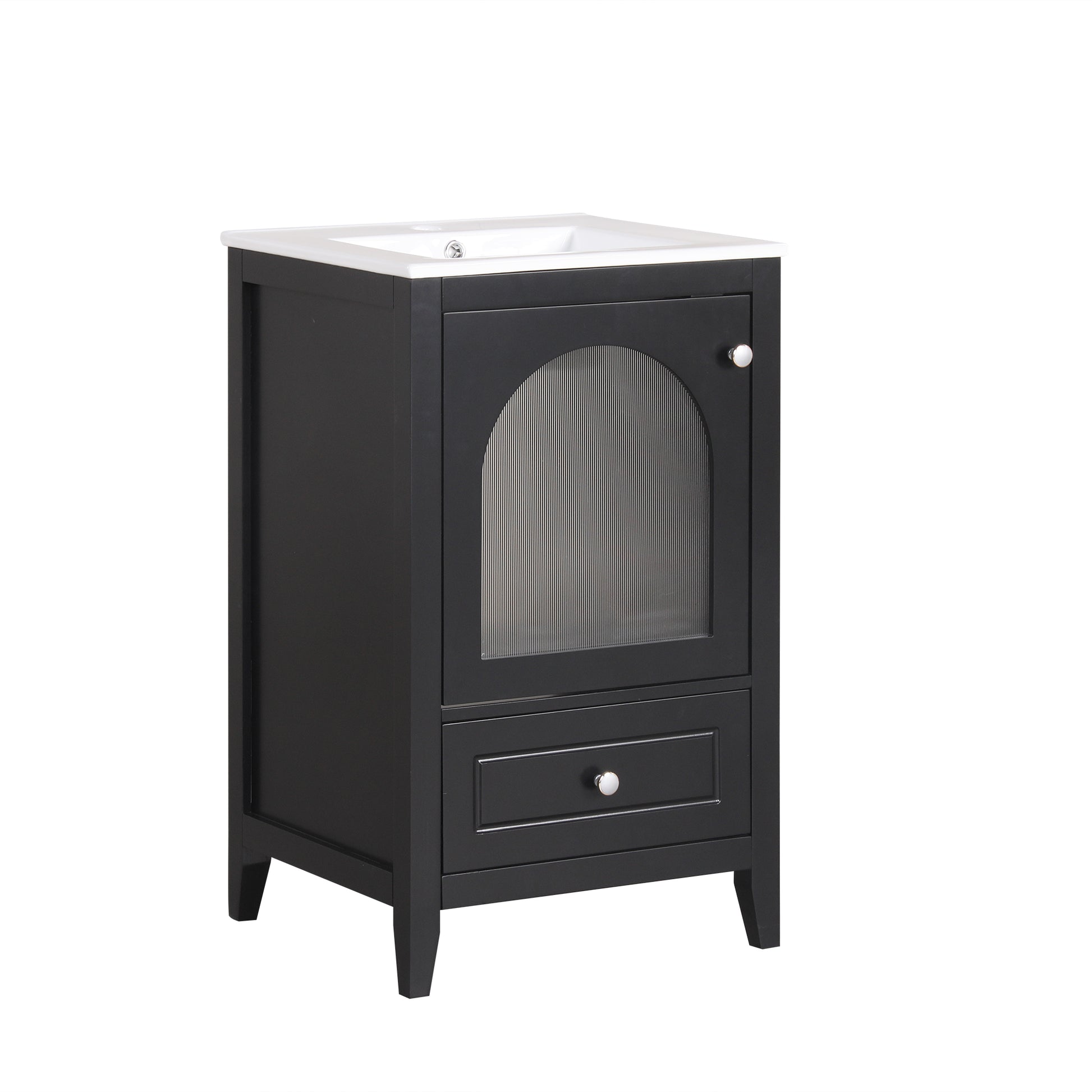 20" Bathroom Vanity With Sink, Bathroom Cabinet With Soft Closing Glass Door, A Drawer, Black Black Mdf