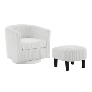 Swivel Accent Chair 360 Comfy Recliner Corduroy Arm Chair Single Sofa With Ottoman For Living Room Bedroom White Fabric