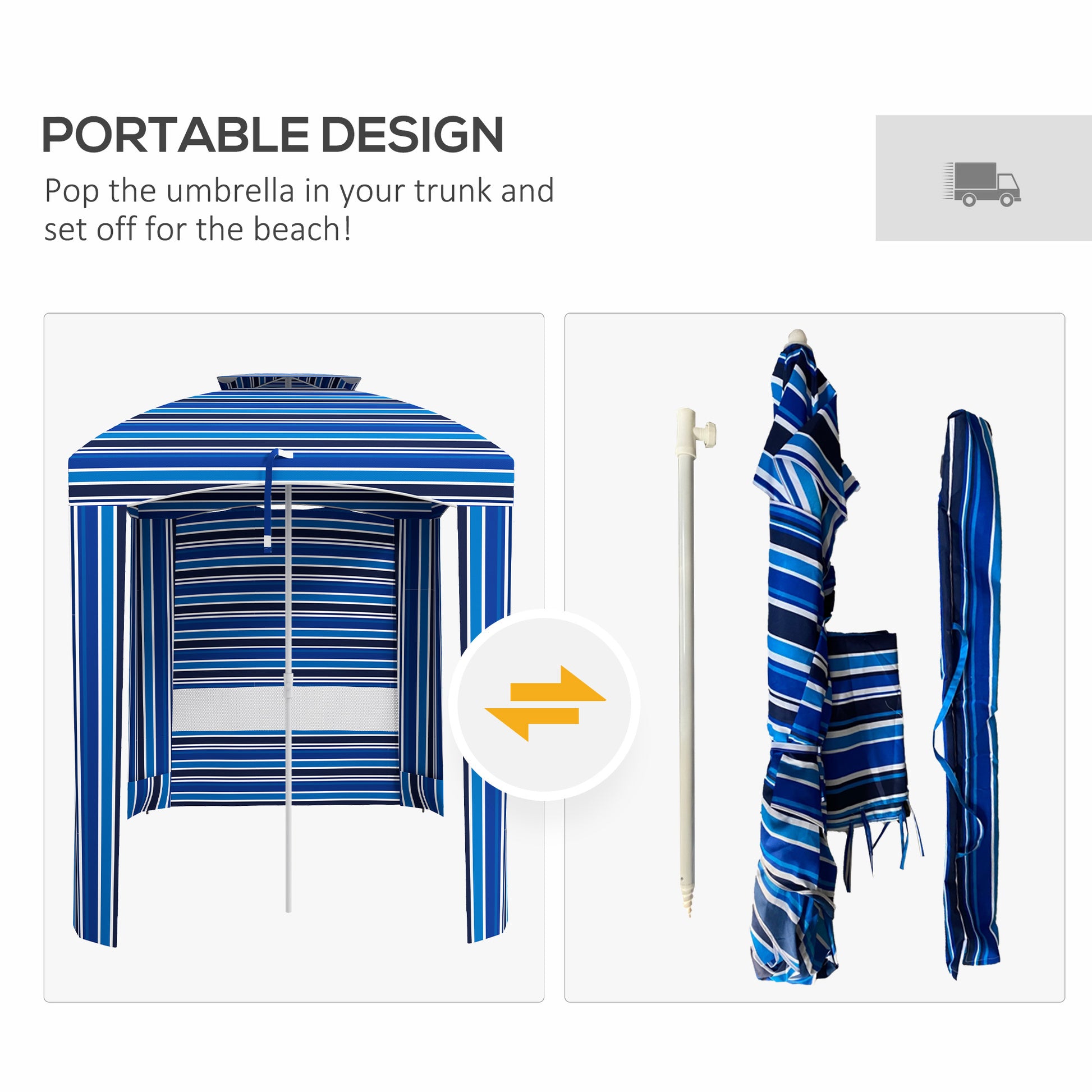 Outsunny 5.8' X 5.8' Portable Beach Umbrella With Double Top, Ruffled Outdoor Cabana With Walls, Vents, Sandbags, Carry Bag, Blue Stripe Multicolor Polyester