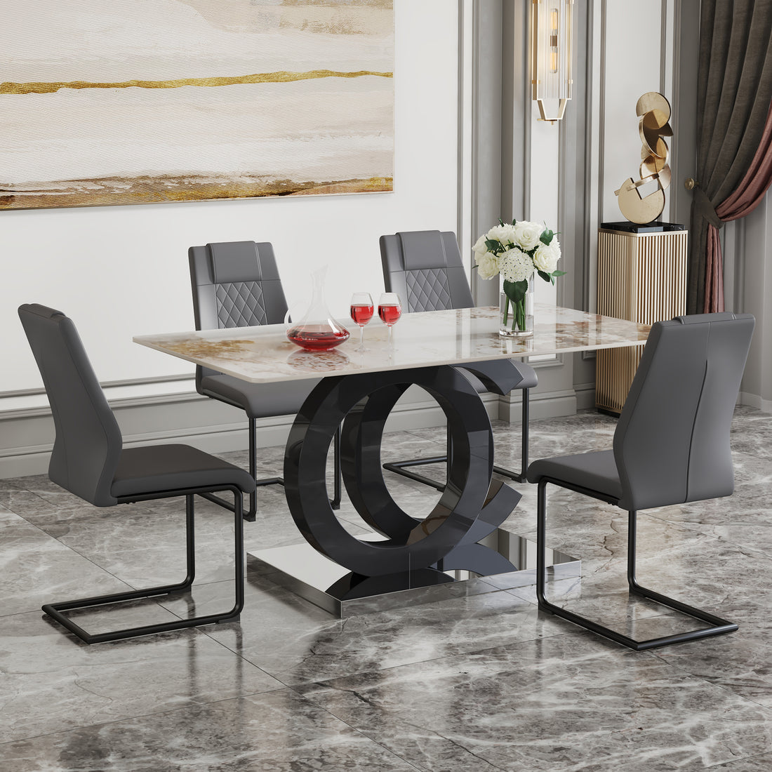 Table And Chair Set.63"X31.5" Marble Pattern Sintered Stone Table With Mdf Oc Shaped Bracket.Paired With 4 Dark Gray Pu Chairs With Black Metal Legs.Suitable For Kitchen,Dining Room,Etc. Black,Dark