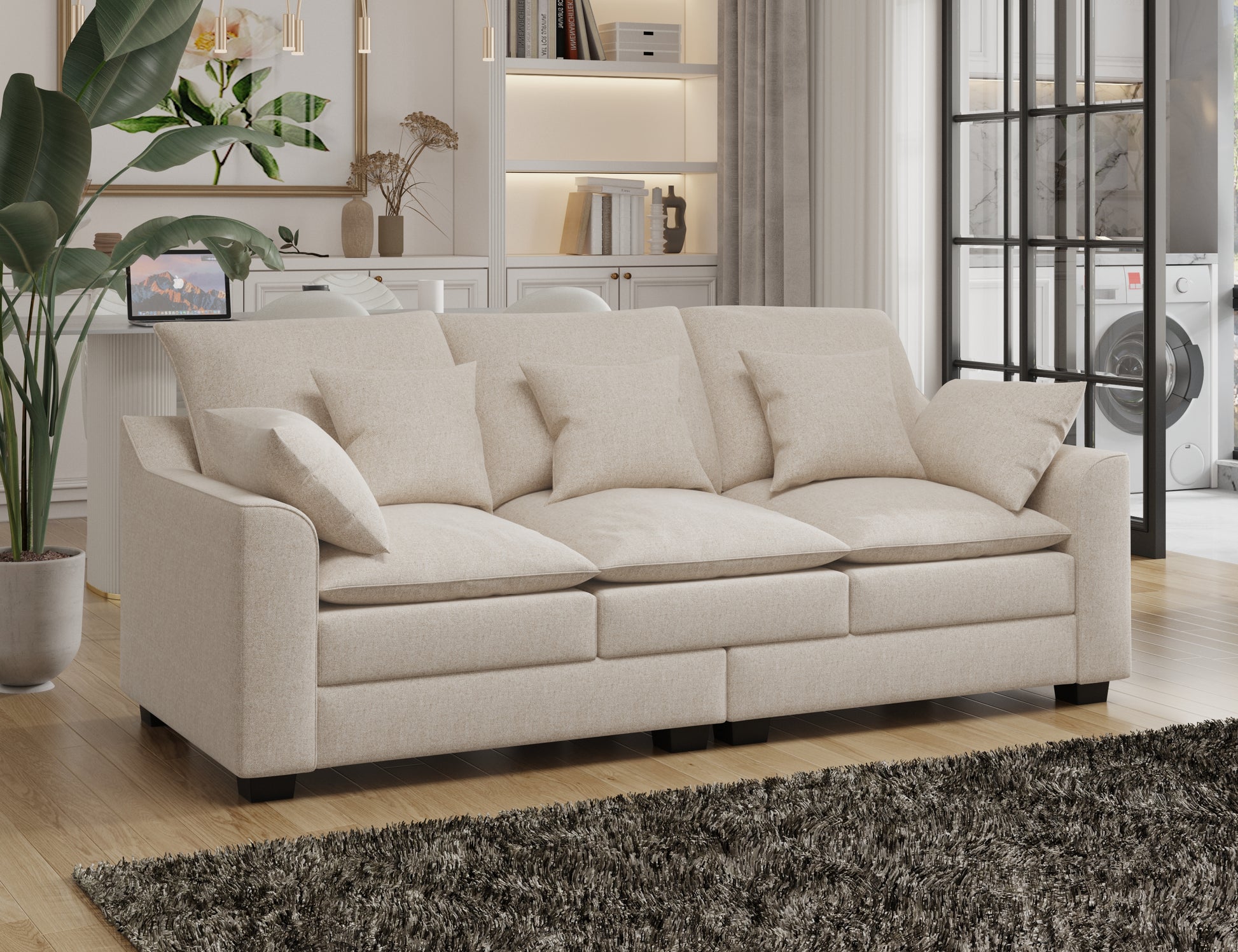 78.7" Sofa Couch 3 Seater Sofa With Pillows Polyester Upholstery Duck Down Filled Cushion Sofa For Living Room Apartment,Beige Beige Polyester Wood Primary Living Space Soft Cushion Back Foam Polyester 3 Seat