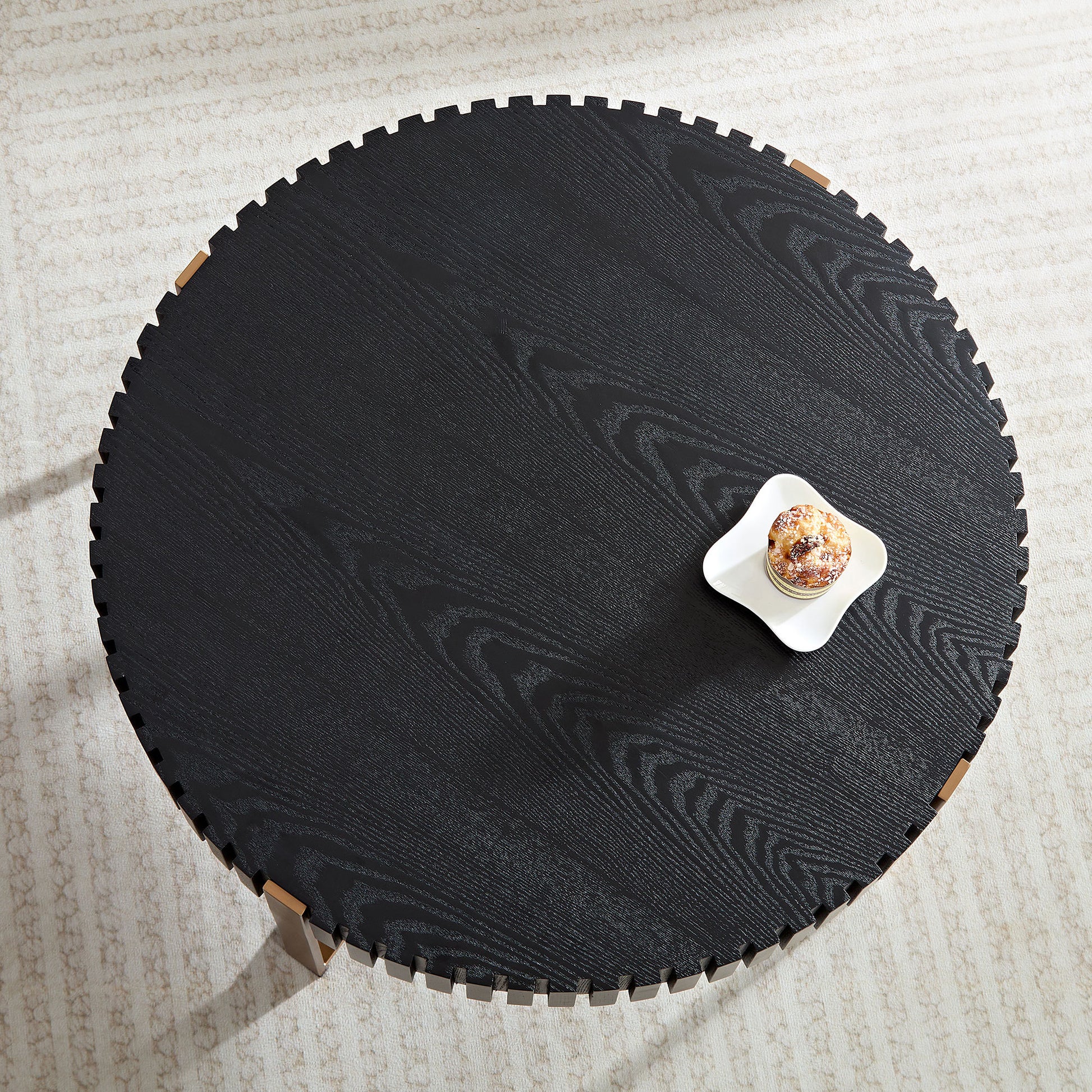 Modern Handcraft Drum Coffee Table 31.5 Inch Round Coffee Table For Living Room,Small Coffee Table With Sturdy Pedestal,Black Matt Black Mdf Metal