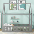 Full Size Wood House Bed With Fence And Door, Gray Box Spring Not Required Full Gray Wood Bedroom Bed Frame Pine