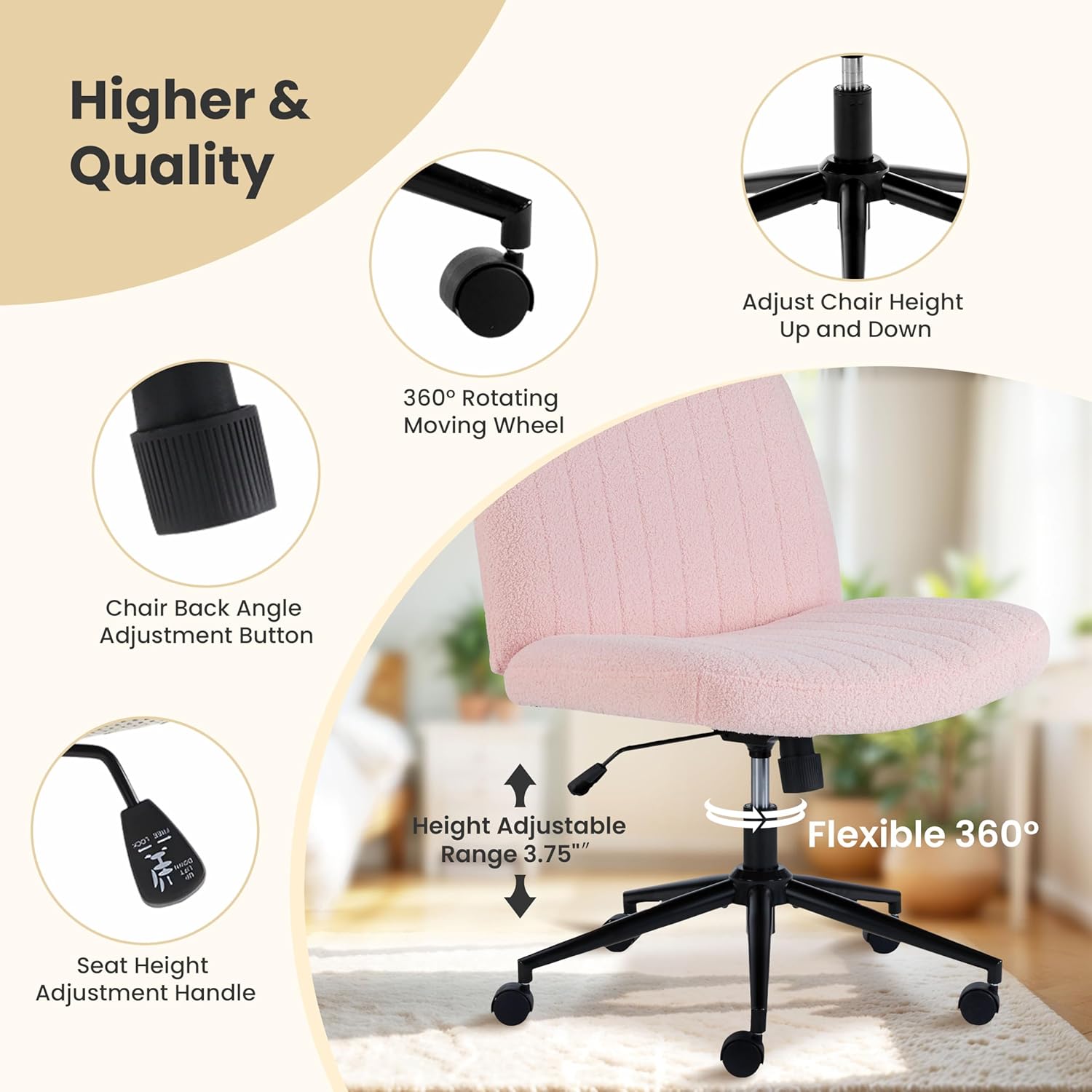 Criss Cross Chair With Wheels, Armless Legged Office Desk Chair, Comfy Swivel Rolling Vanity Chair, Ergonomic Fabric Modern Wide Seat Adjustable Home Office Chair Pink Pink Metal