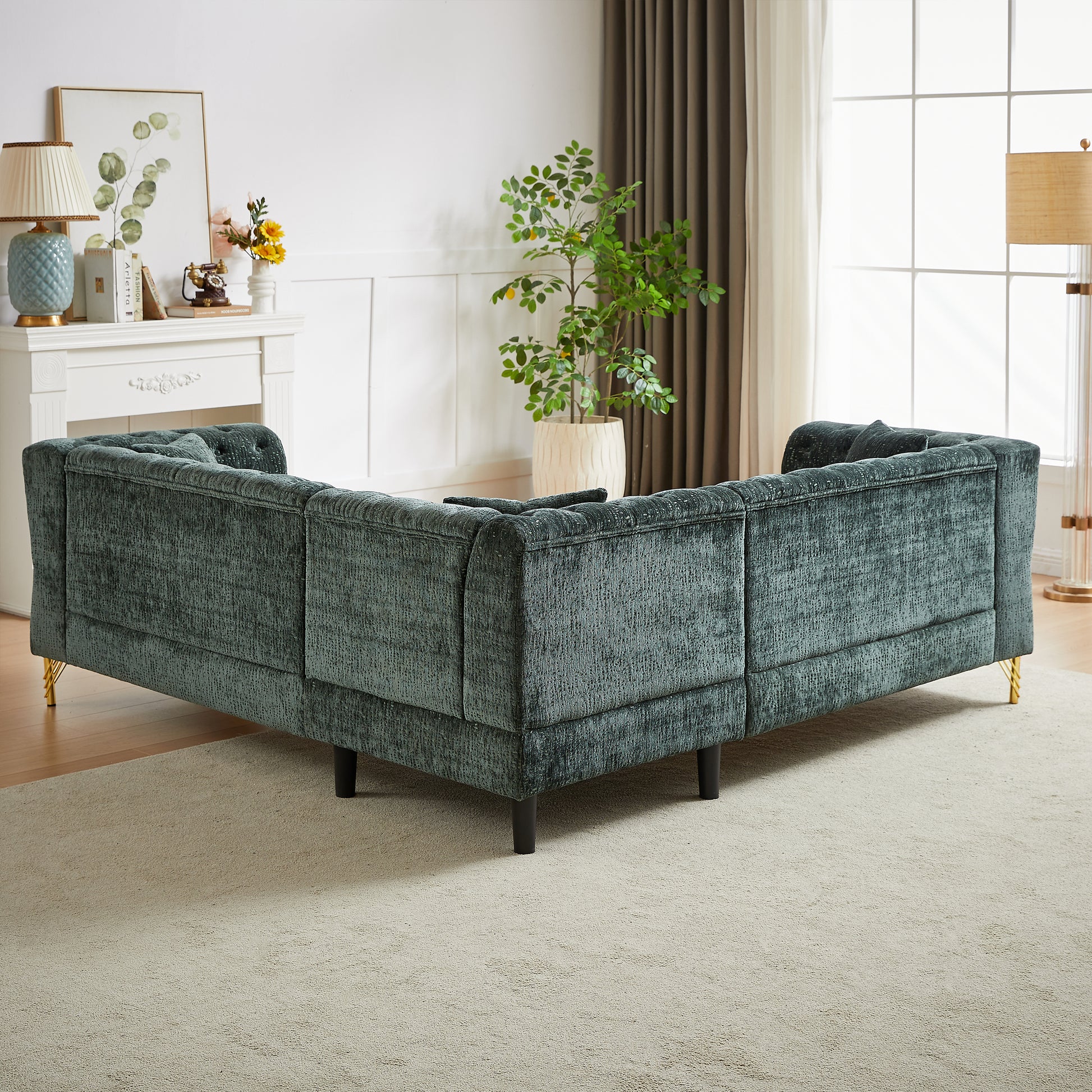81.5 Inch Chenille Corner Sofal Shaped Sectional Couch, 5 Seater Corner Sofas With 3 Cushions For Living Room, Bedroom, Apartment, Office Green Foam Chenille 5 Seat