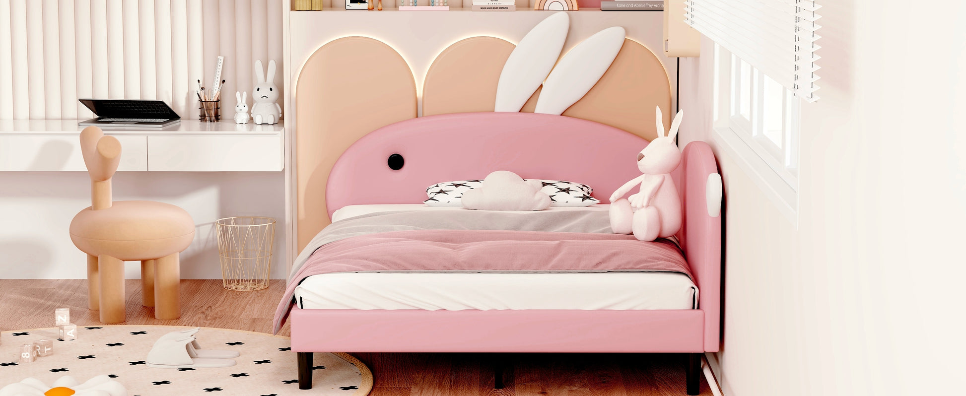 Full Size Upholstered Rabbit Shape Daybed, Sofabed With Rabbit Ear Headboard, Pink Full Pink Pu
