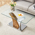 Rectangular Coffee Table.Tempered Glass Countertop, And Artistic Mdf Legs,Perfect For Hosting Dinners, Conferences, Home, And Office Decorations.White And Wood,Dining Table,Tea Table.Coffee Table.