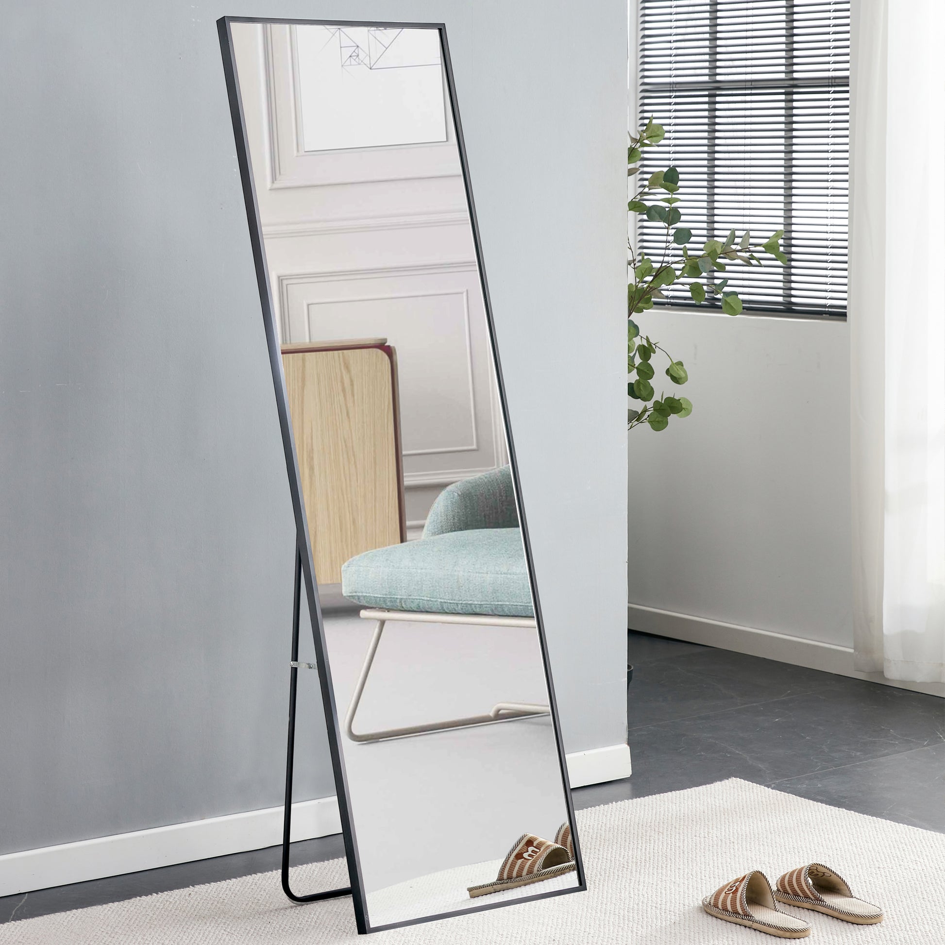 Aluminum Alloy Metal Frame Wall Mounted Full Length Mirror, Bathroom Vanity Mirror, Bedroom Porch, Decorative Mirror, Clothing Store, Floor To Ceiling Mirror, Black 65 * 23" W115158162 Black Glass