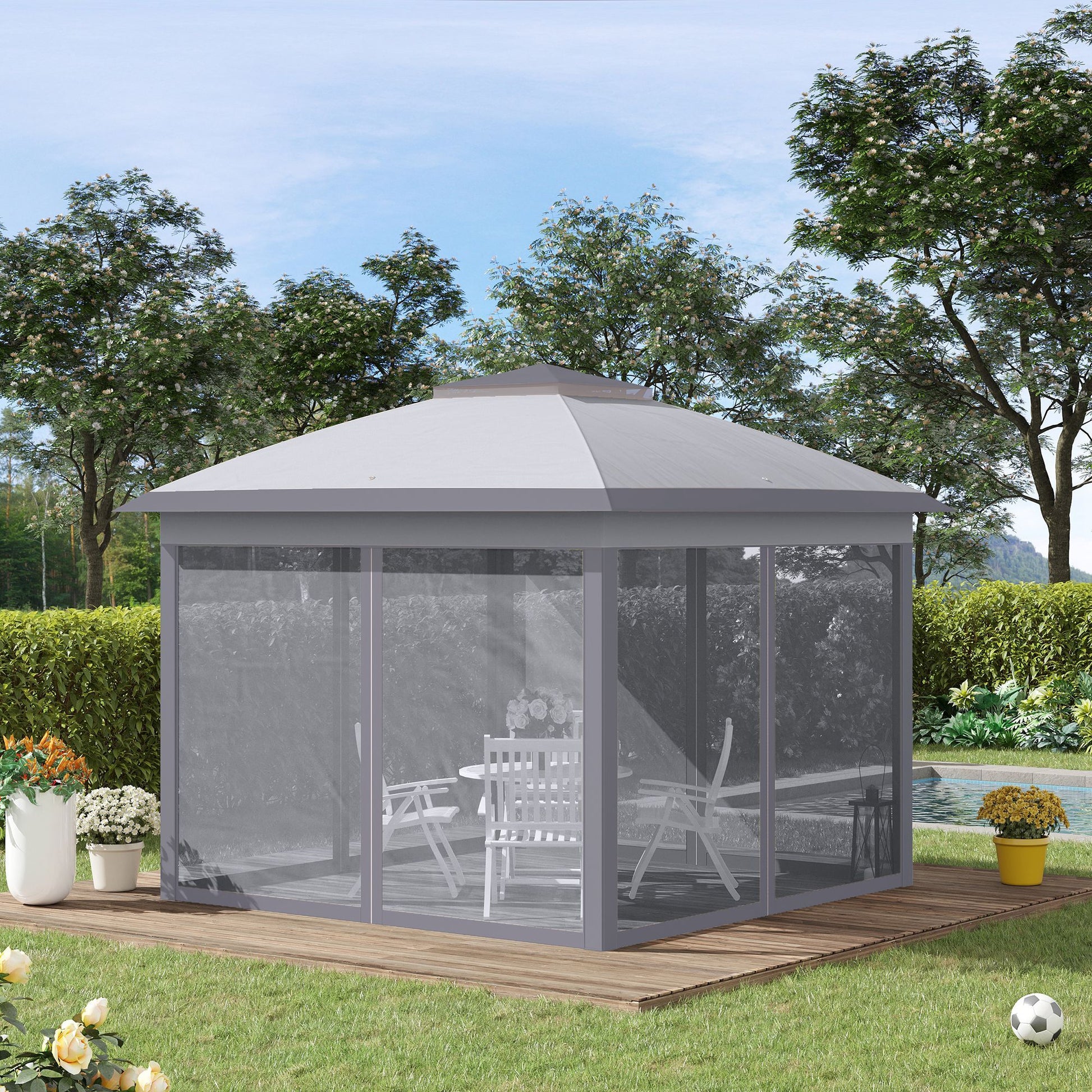 Outsunny 11' X 11' Pop Up Canopy Tent With Netting And Carry Bag, Instant Gazebo Sun Shelter, Tents For Parties With 121 Square Feet Of Shade, For Outdoor, Garden, Patio, Gray Grey Steel