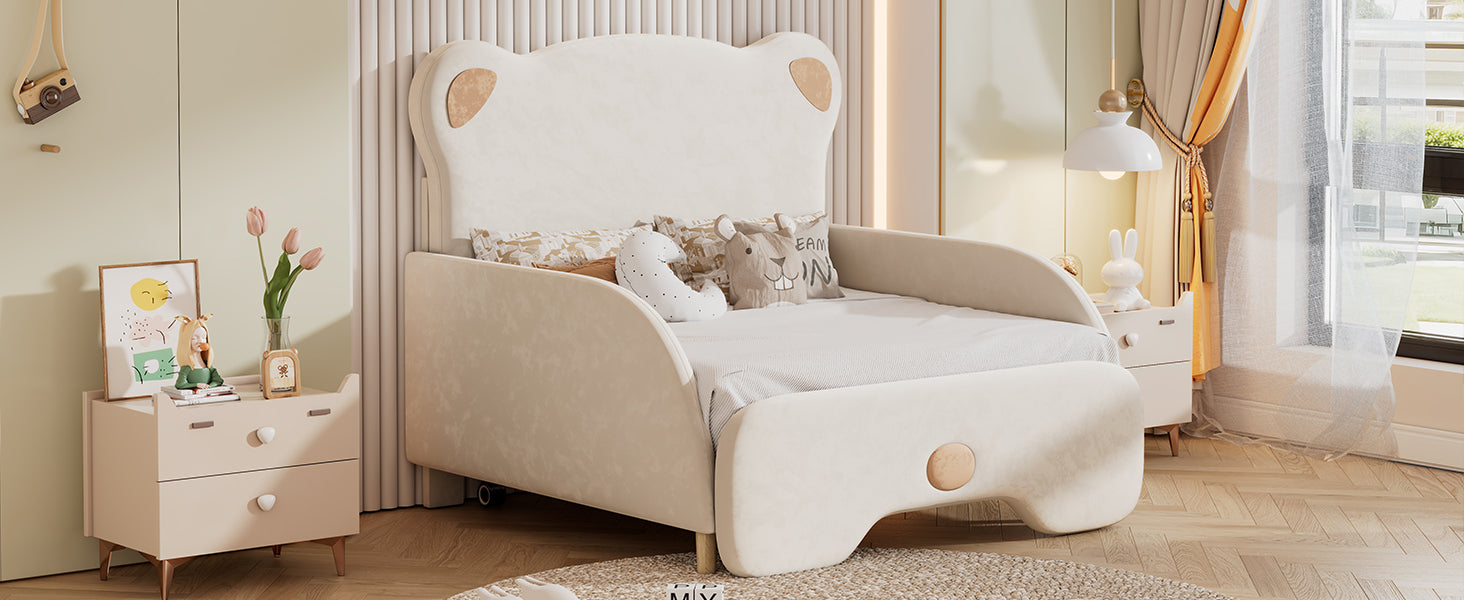 Twin Xl Size Upholstered Stretchable Vaulted Sofa Bed, Bear Shaped Headboard, Beige Expected Arrival Time: 10.3 Box Spring Not Required Twin Xl Beige Wood Bedroom Bed Frame Upholstered