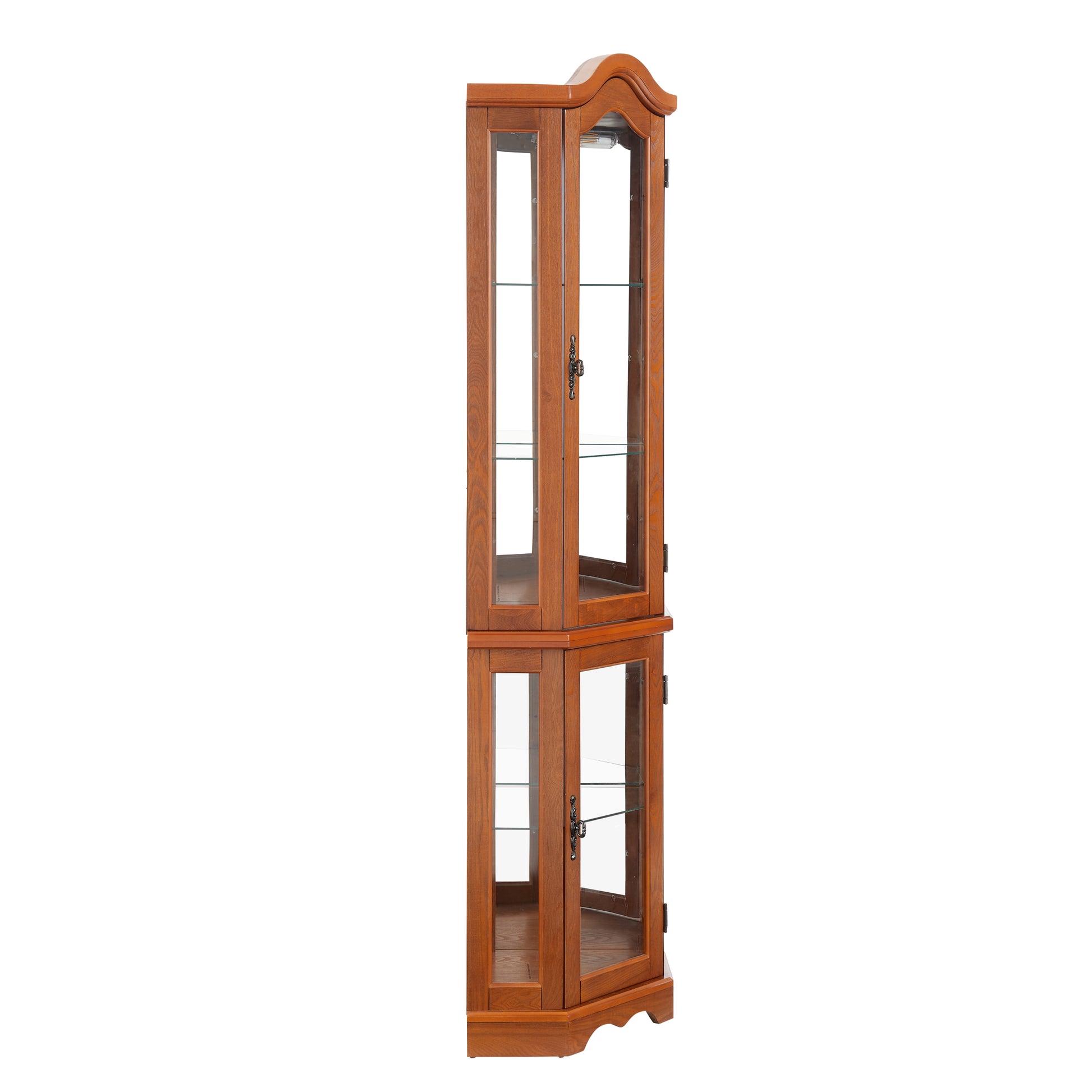 Curio Cabinet Lighted Glass Display Curio Cabinet W Tempered Glass Doors And Shelves, Crown Corner Cabinet With Bulb, Corner Storage Decoration For Living Room And Bedroom Oak Oak Mdf