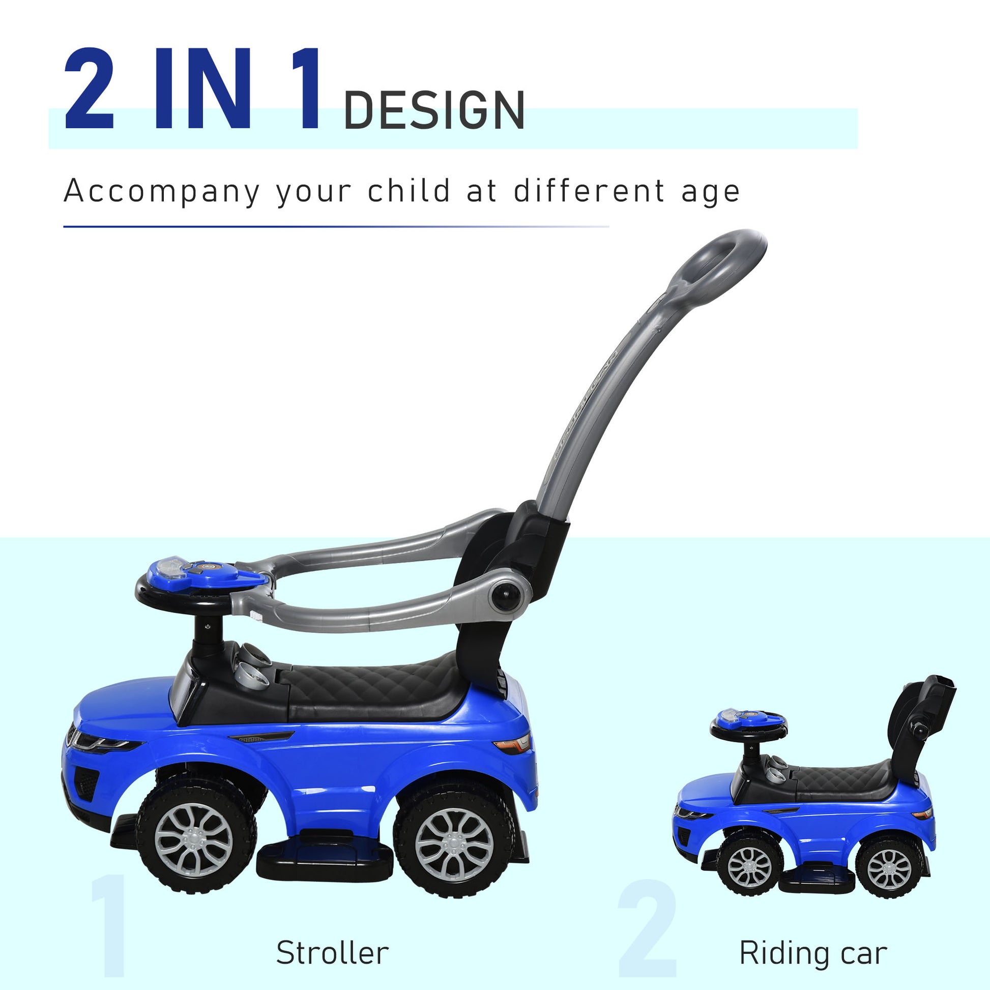 Aosom 2 In 1 Push Cars For Toddlers Kid Ride On Push Car Stroller Sliding Car With Horn Music Light Function Secure Bar Ride On Toy For Boy Girl 1 3 Years Old Blue Blue Plastic