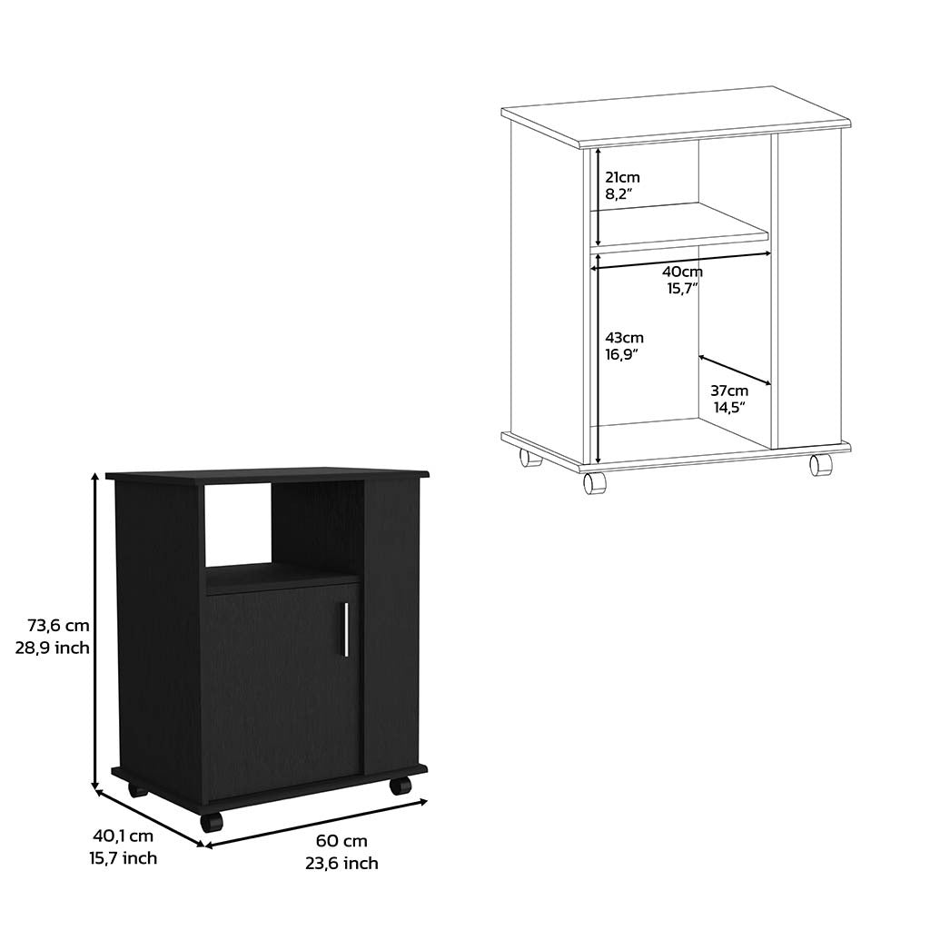 Lower Microwave Pantry 29" H, Single Door Cabinet, One Open Shelf, Three Side Shelves, Black Black Particle Board Particle Board