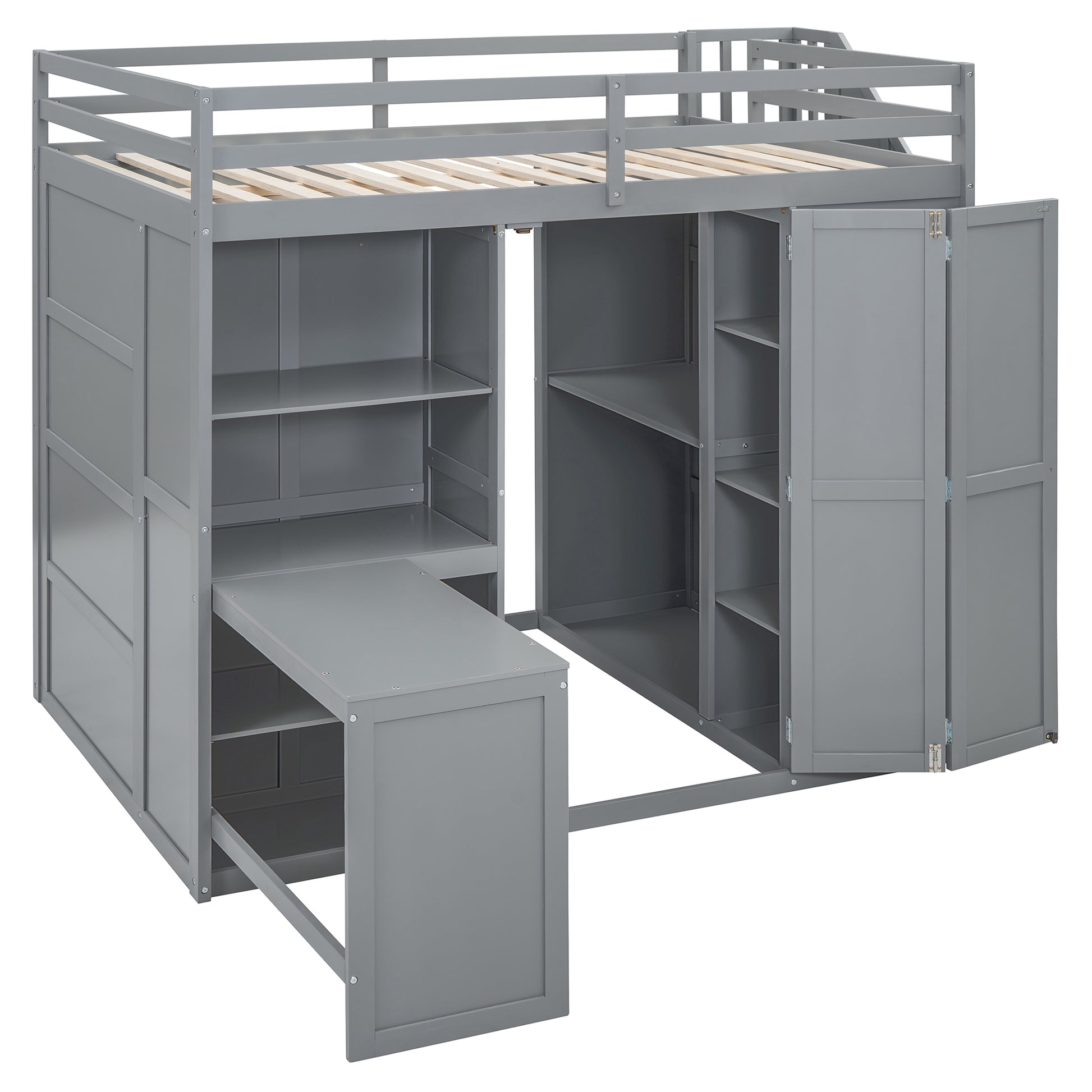 Full Size Loft Bed With Wardrobe,Desk And Shelves,Grey Grey Mdf Lvl