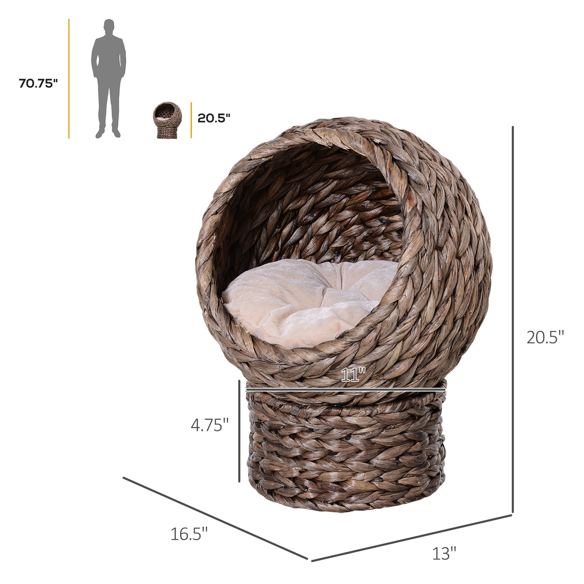 Pawhut Handwoven Elevated Cat Bed With Soft Cushion & Cat Egg Chair Shape, Cat Basket Bed Kitty House With Stand, Raised Wicker Cat Bed For Indoor Cats, 23.5" H, Gray Gray Wicker