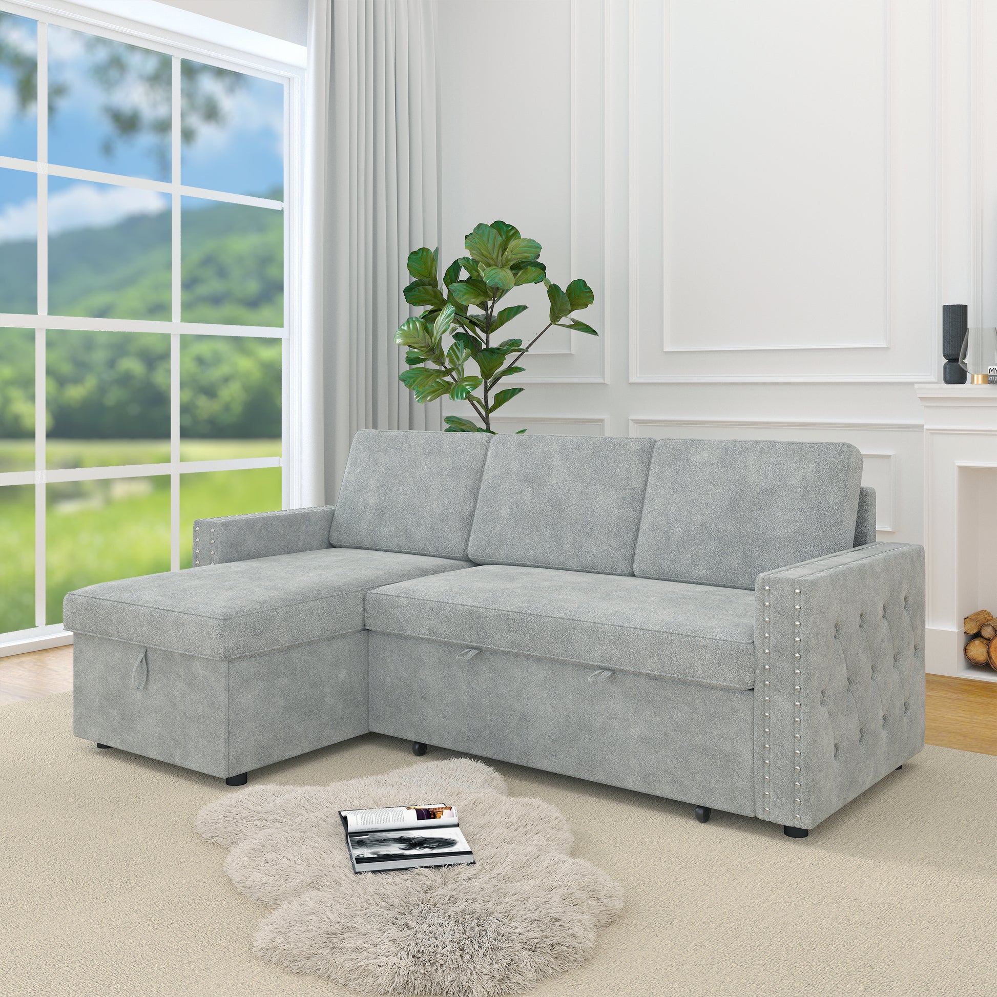 85 Inches Sofa Bed, 3 Seater Sleeper Sofa With Storage Chaise, Square Handrail With Pull And Copper Nail,Chenille Light Grey, Pull Out Couch For Living Room Light Grey Chenille 3 Seat
