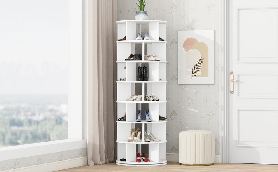 23.6'' Rotating Shoe Rack Tower, 7 Tier Spinning Shoe Shelf With 5 Grids Per Layer, Display Rack, 360 Revolving Shoe Carousel Closet Organizer For Entryway, Living Room, White 7 White Primary Living Space Particle Board