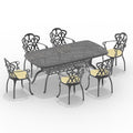 Cushions In Random Colors 7 Piece Set Of Cast Aluminum Patio Furniture With Cushions Yes Dining Set Black Seats 6 Weather Resistant Frame Water Resistant Cushion Garden & Outdoor Complete Patio Sets Aluminium