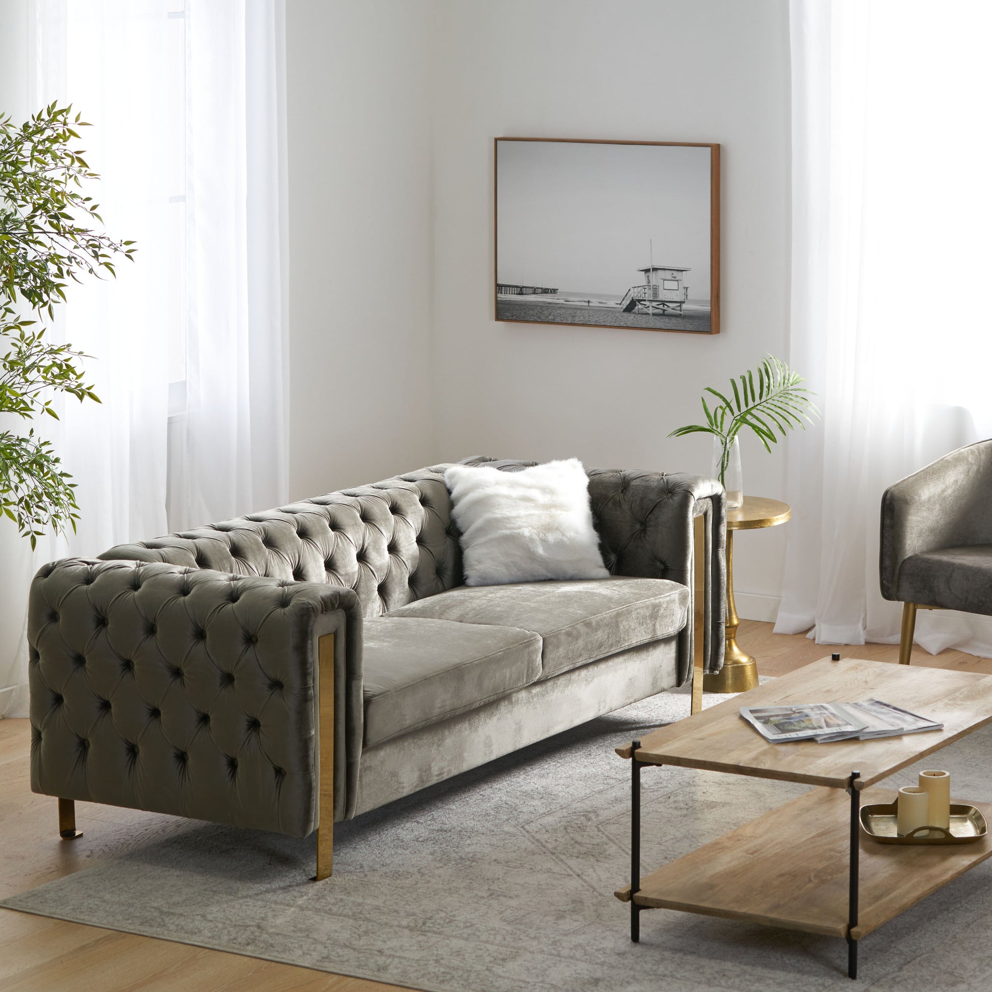 Mirod Comfy 3 Seat Sofa With Tufted Back And Arm, Modern For Living Room Grey Velvet 3 Seat