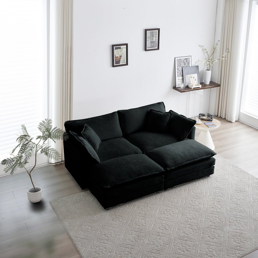 4 Piece Upholstered Sectional Sofa, 1 Piece Of 2 Seater Sofa And 2 Piece Of Ottomans2 Seater Loveseat Lounge With Ottomansblack Chenille Black Chenille 2 Seat