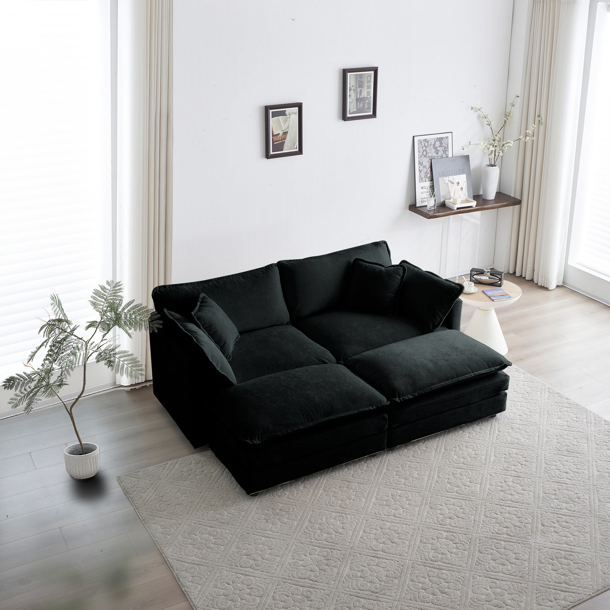 4 Piece Upholstered Sectional Sofa, 1 Piece Of 2 Seater Sofa And 2 Piece Of Ottomans2 Seater Loveseat Lounge With Ottomansblack Chenille Black Chenille 2 Seat