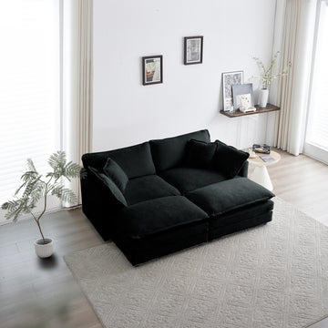 4 Piece Upholstered Sectional Sofa, 1 Piece Of 2 Seater Sofa And 2 Piece Of Ottomans2 Seater Loveseat Lounge With Ottomansblack Chenille Black Chenille 2 Seat