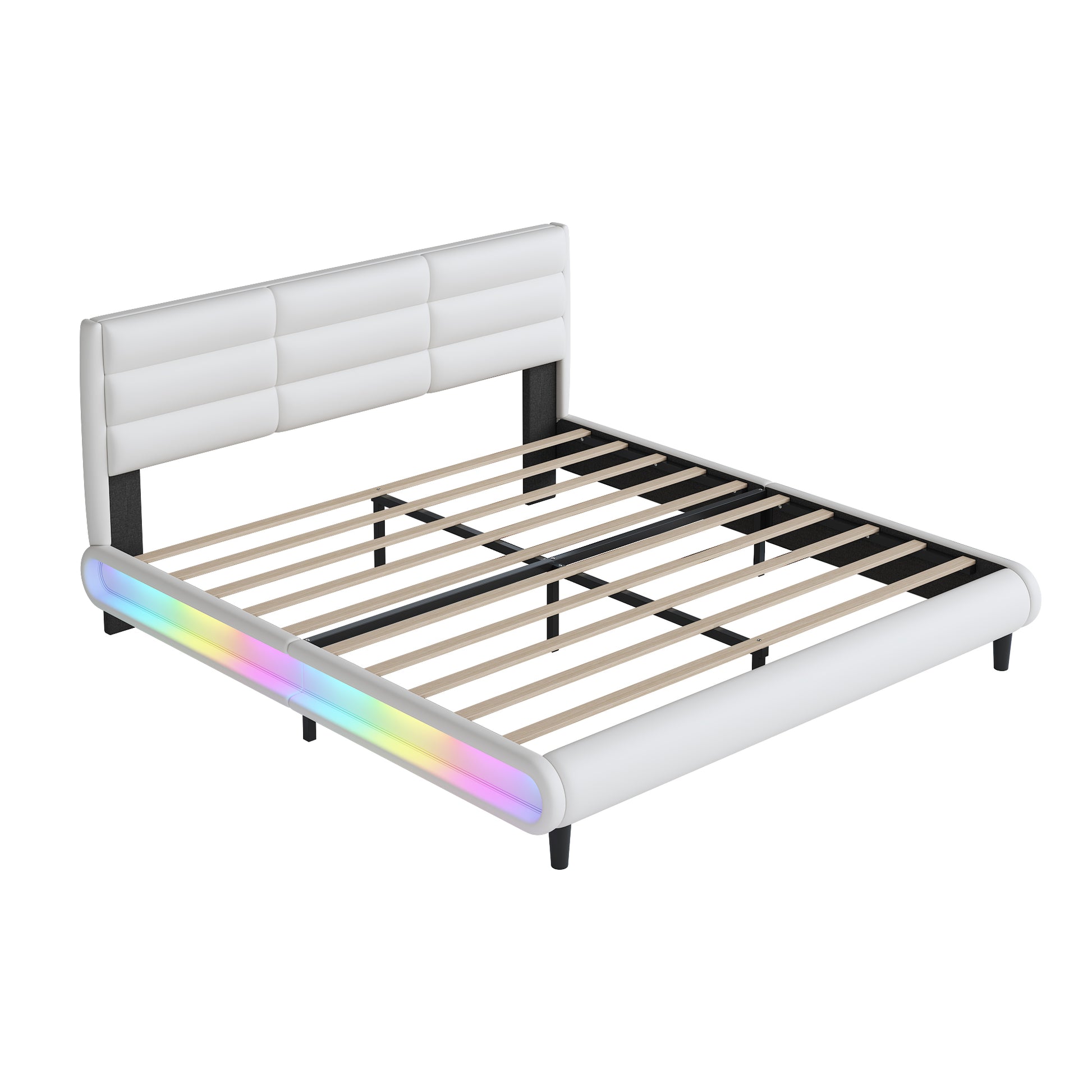 King Size Upholstered Platform Bed With Led Light Strips,White King White Upholstered