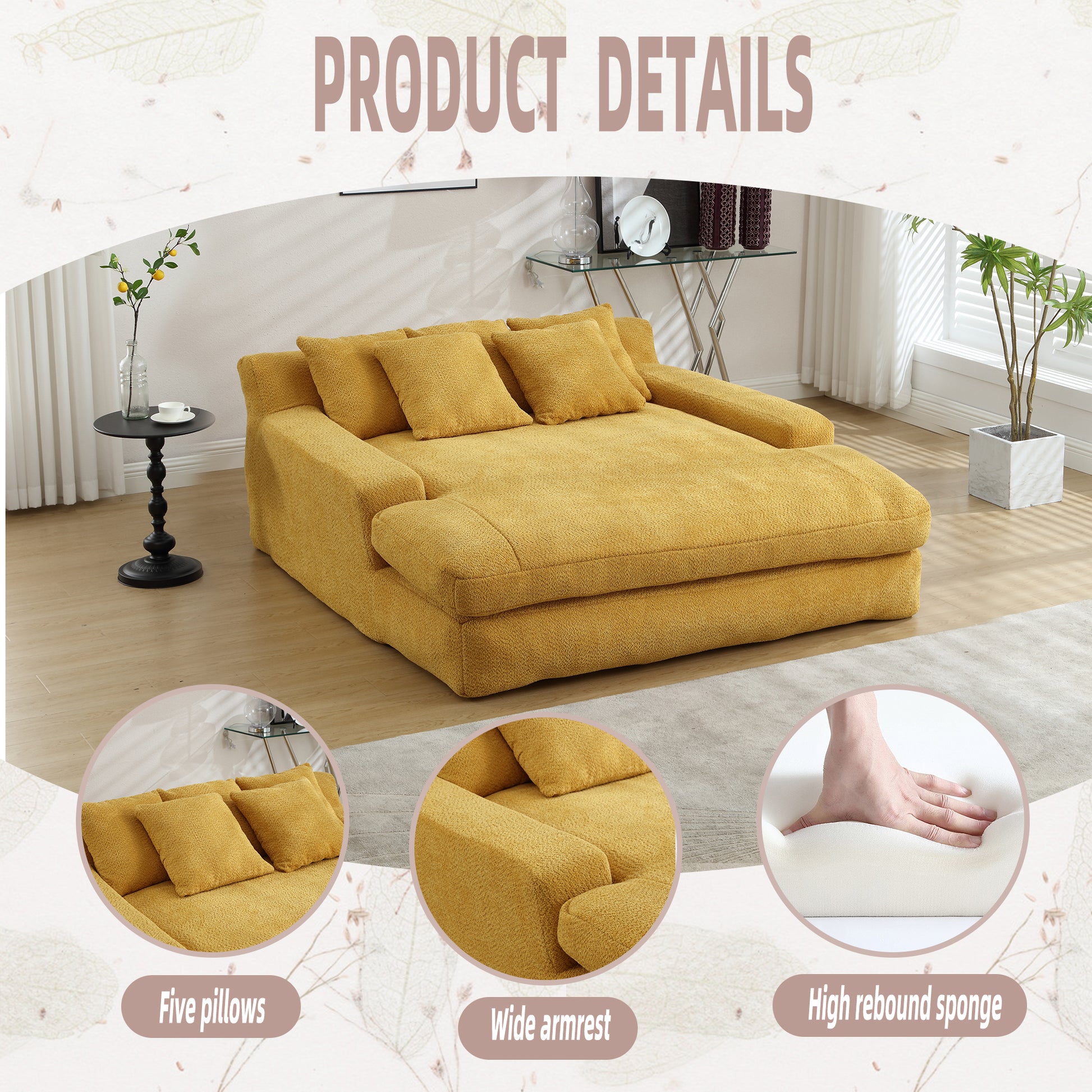 Coolmore Chenille 2 Seater Lazy Sofa With 5 Back Pillows,Comfy Sofa Deep Seat Couch For Living Room,Club Mustard Yellow Mustard Yellow Primary Living Space Modern Foam Chenille 2 Seat