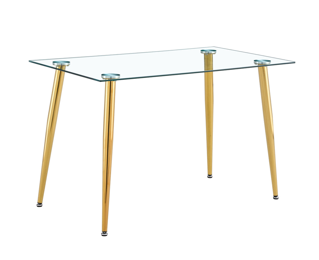 Modern Minimalist Rectangle Glass Dining Table Set Of 5Transparent Glass Tabletop And Electroplate Metal Legs, Suitable For Kitchens, Restaurants, And Living Rooms Golden White Metal