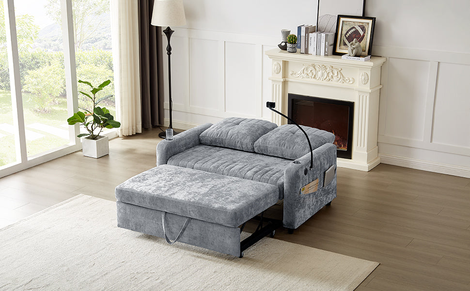 53.9" Modern Loveseat Pull Out Sofa Bed With Adjustable Backrest, Two Cup Holdersa Phone Holder, Three Charging Ports And Side Storage Pockets For Living Room, Grey Grey Foam Chenille