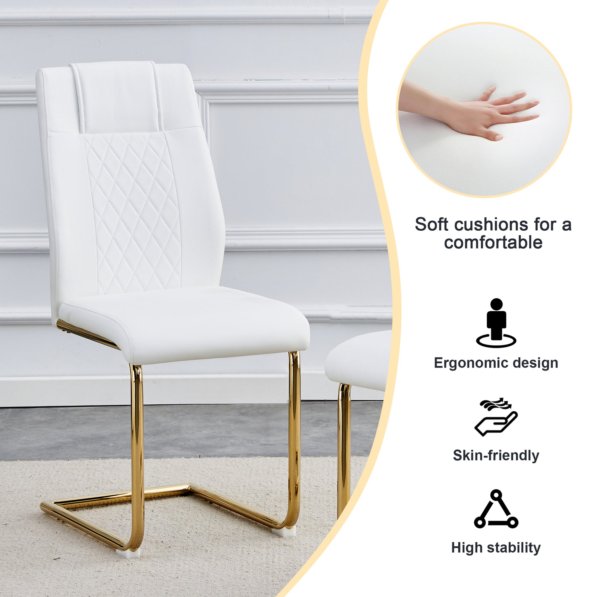 Table And Chair Set.Large Modern Rectangular Table With 0.4 Inch Patterned Glass Tabletop And Large Mdf Table Legs.Comes With 8 Chairs With Faux Leather Cushioned Seats And Golden Metal Legs. Gold White Seats 8 Mdf Glass