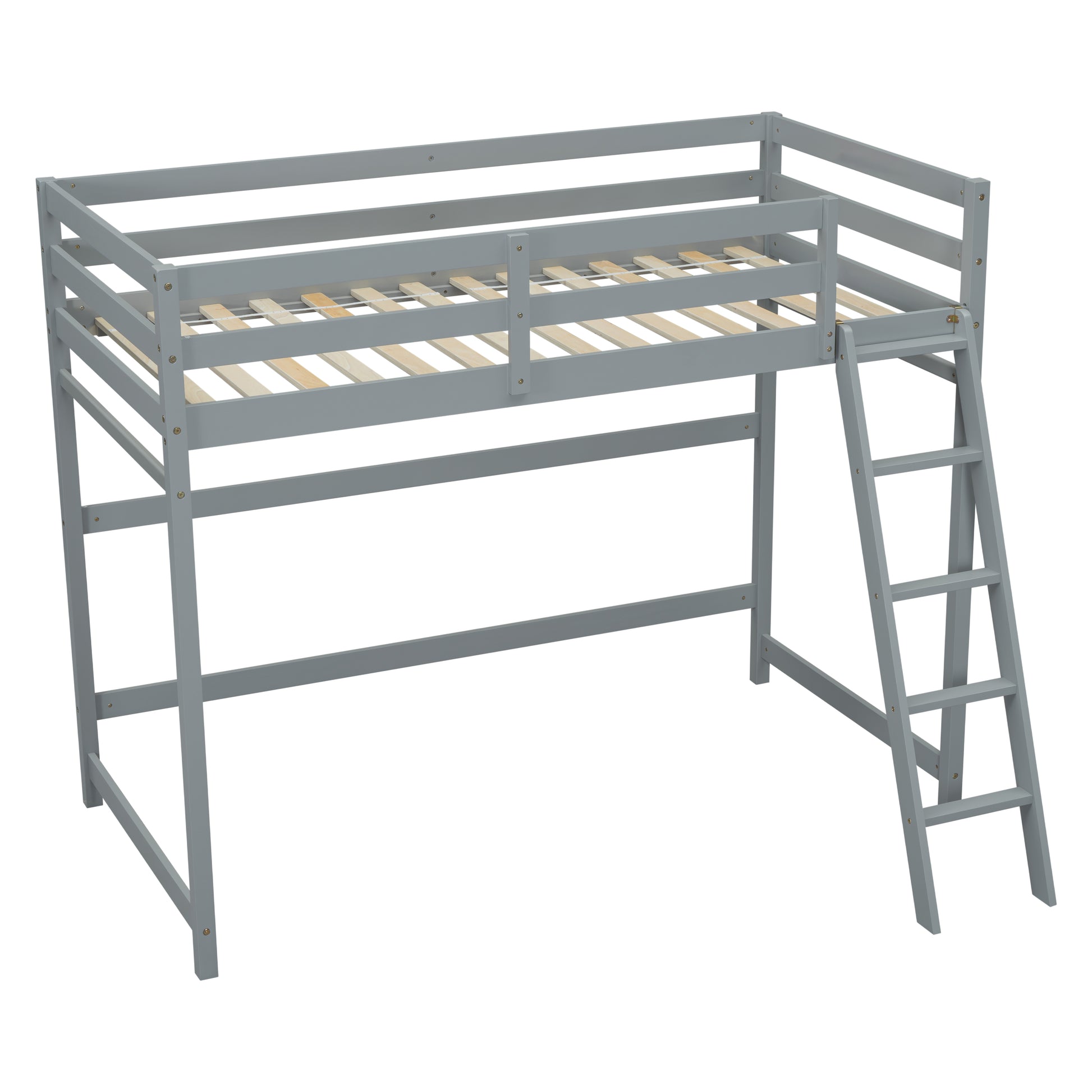 Twin Size High Loft Bed With Inclined Ladder, Guardrails,Grey Twin Grey American Design Pine