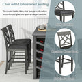 Updated Counter Height 5 Piece Solid Wood Dining Table Set, 59*35.4Inch Table With Curved Wine Rack And 4 Upholstered Chairs, Grey Wood Dining Room Solid Wood Rubberwood Rectangular Dining Table With Chair Wood Wood Grey Solid Back Seats 4 Farmhouse 4