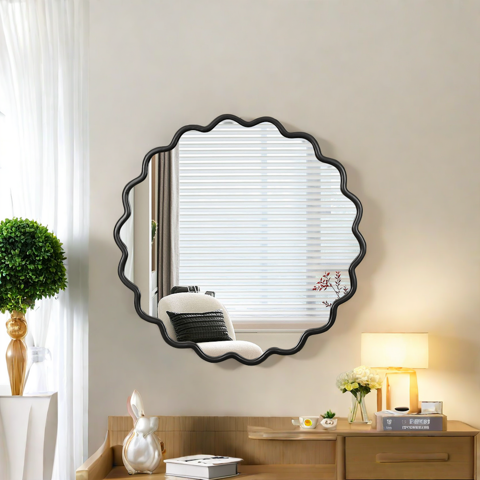 Solid Wood Wavy Mirror Black Vanity Mirror Wall Decor 42" X 42" Modern Mirror Wall Decor For Bathroom, Bedroom, Living Room, Dining Room, Cloakroom, Entryway Antique Black Glass Solid Wood