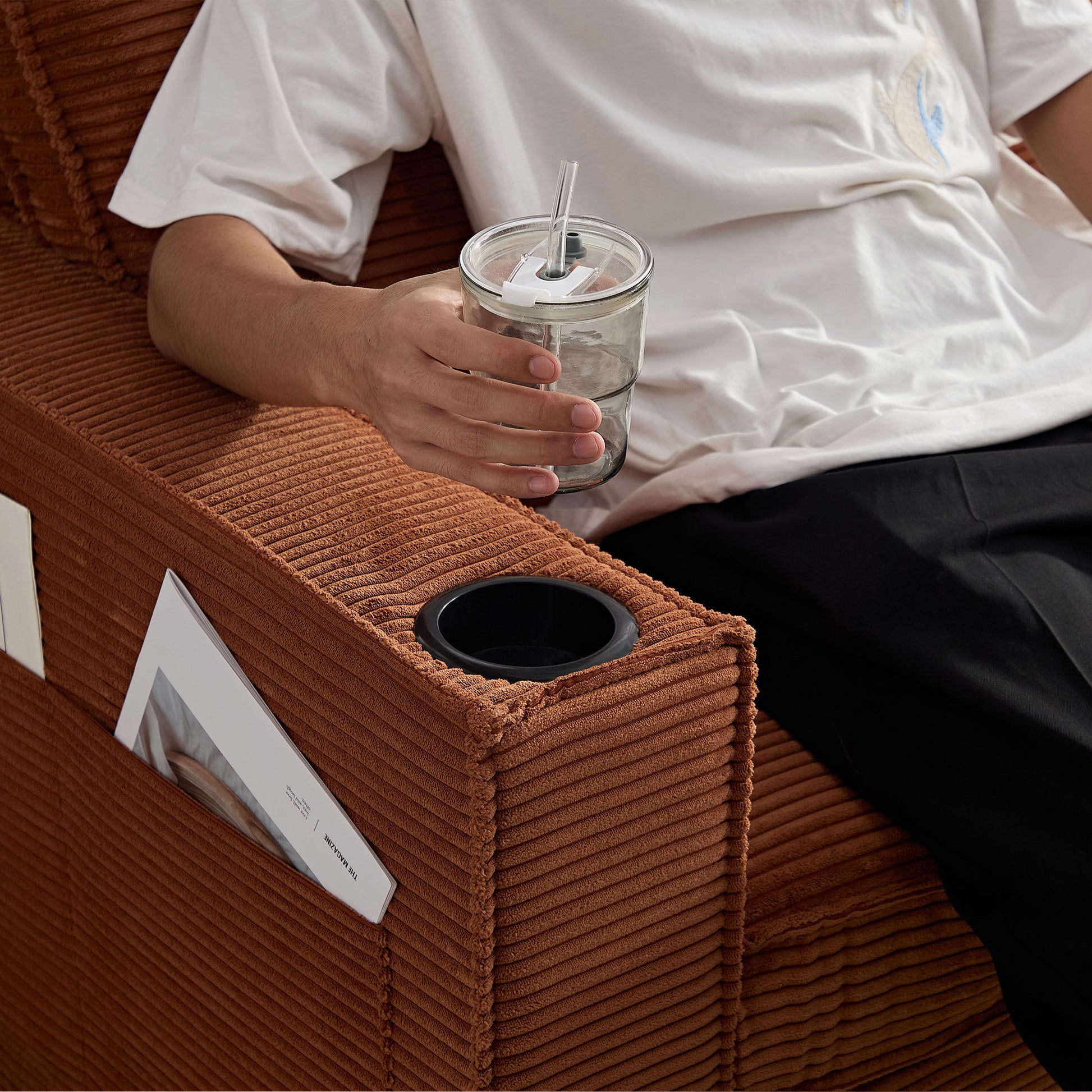 Corduroy Sofa, 87.4 Inch Modern Design Sofa With Cup Holder And Storage Bags, Deep Seat Sofa Couch,Comfy Couch For Living Room,Apartment,Brown Brown Corduroy 3 Seat