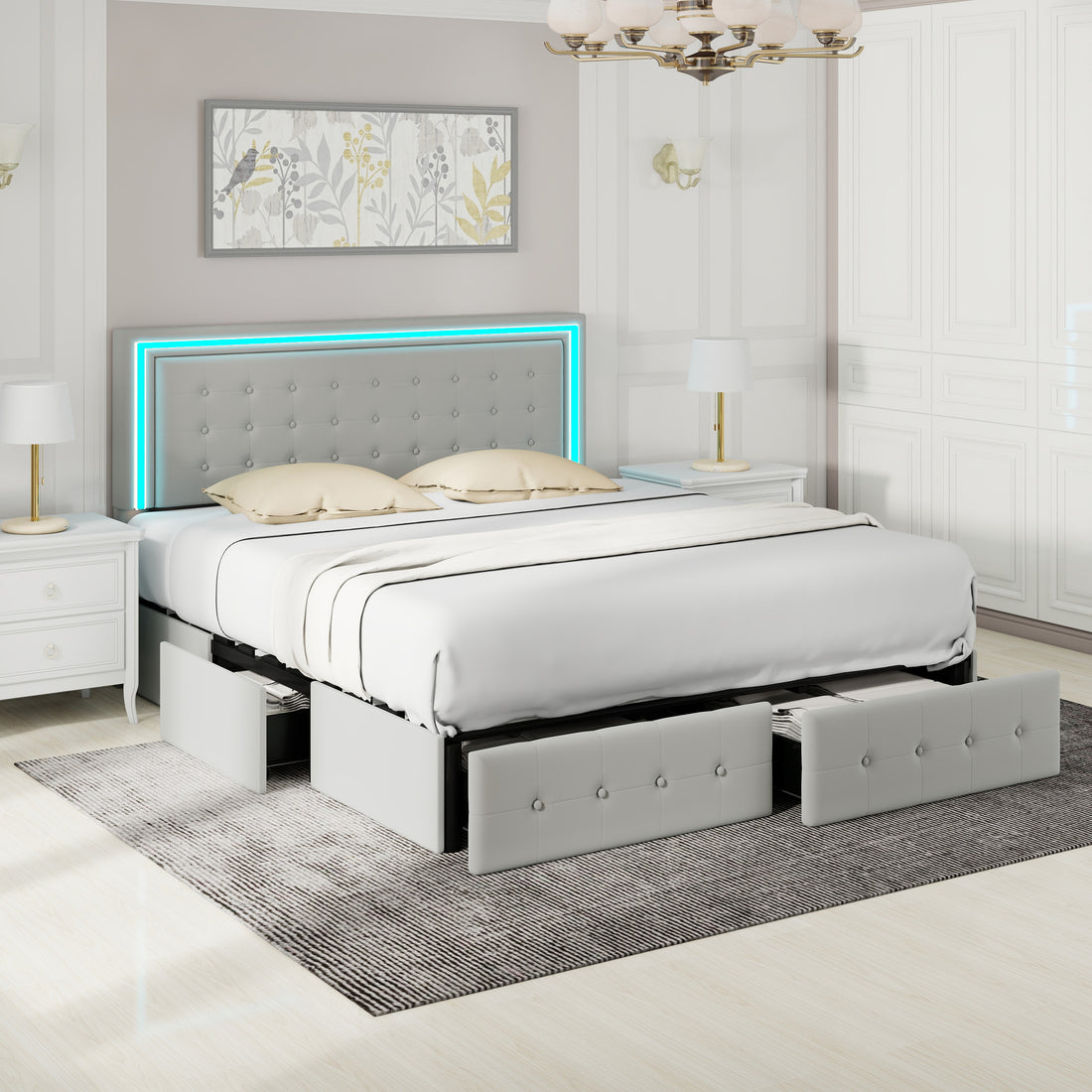 Queen Size Led Bed Frame With 4 Storage Drawers, Smart Control Rgb Led Lights On Headboard,With Remote Control, Upholstered Adjustable Headbaord, Pu Leather Grey Mdf Metal