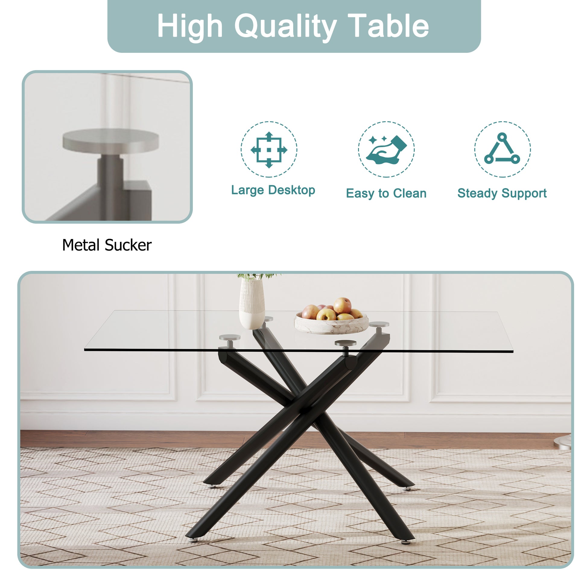 Table And Chair Set.Modern Rectangular Glass Dining Table With 0.39" Tempered Glass Tabletop And Black Metal Legs.Paired With Multiple Chairs Designed With Pu Cushions And Black Metal Legs. Black Grey Seats 4 Tempered Glass