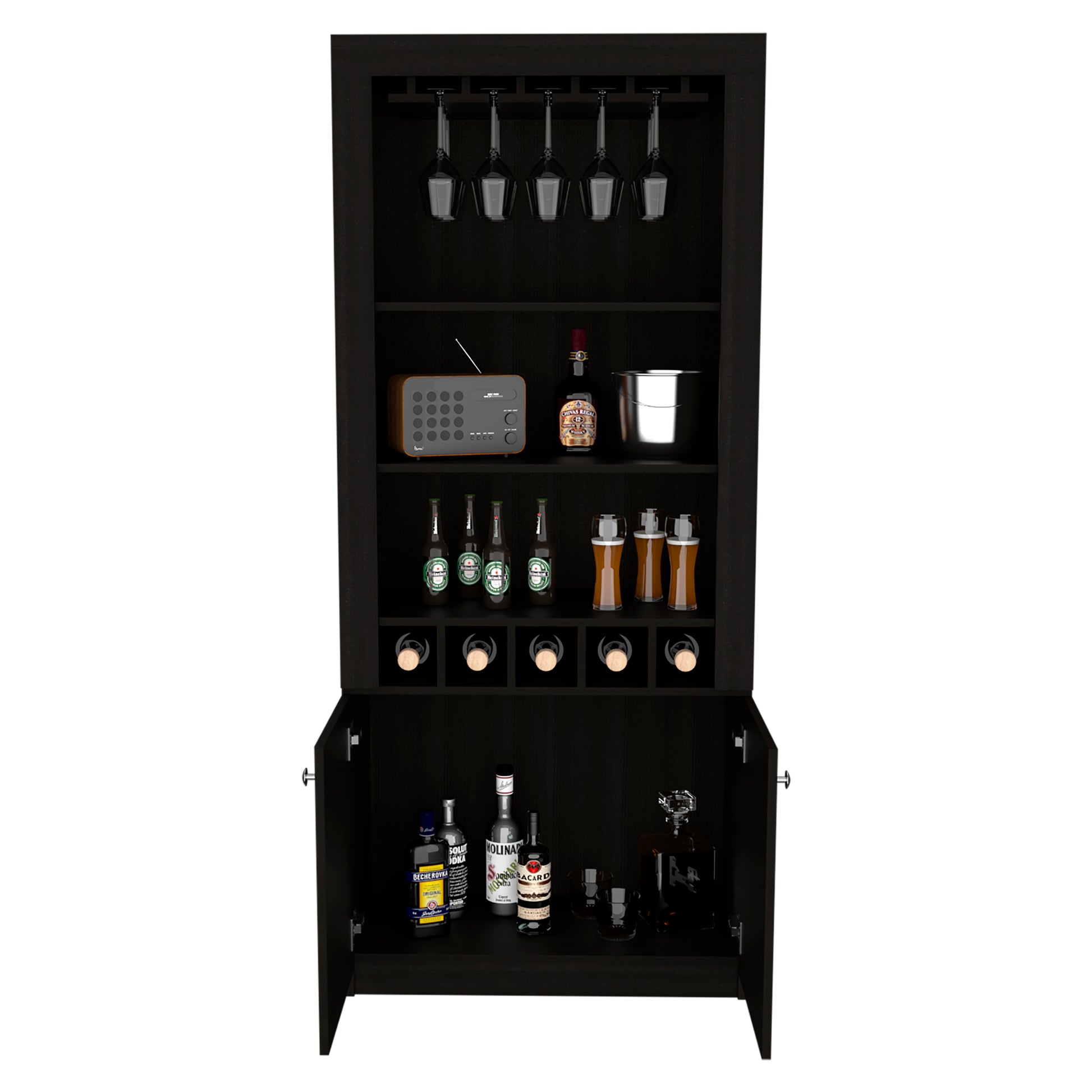 Montenegro Bar Cabinet, Double Door Cabinet, Five Built In Wine Rack, Three Shelves Black Black Primary Living Space Modern Particle Board Particle Board