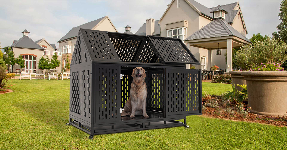 45" Heavy Duty Dog Crate 45 Inch Indestructible Pet Dog Cage Crate Kennel With Roof Top 2 Doors Removable Trays, Lockable Wheels, Escape Proof For High Anxiety Large Extra Dogs Black Outdoor Kennel Large 41 70 Lbs Steel