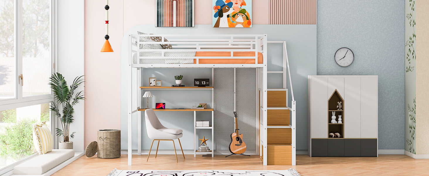 Full Size Metal Loft Bed With Wardrobe, Desk, Storage Shelves, White Expected Arrival Time: 10.3 Box Spring Not Required Full White Metal Mdf Metal