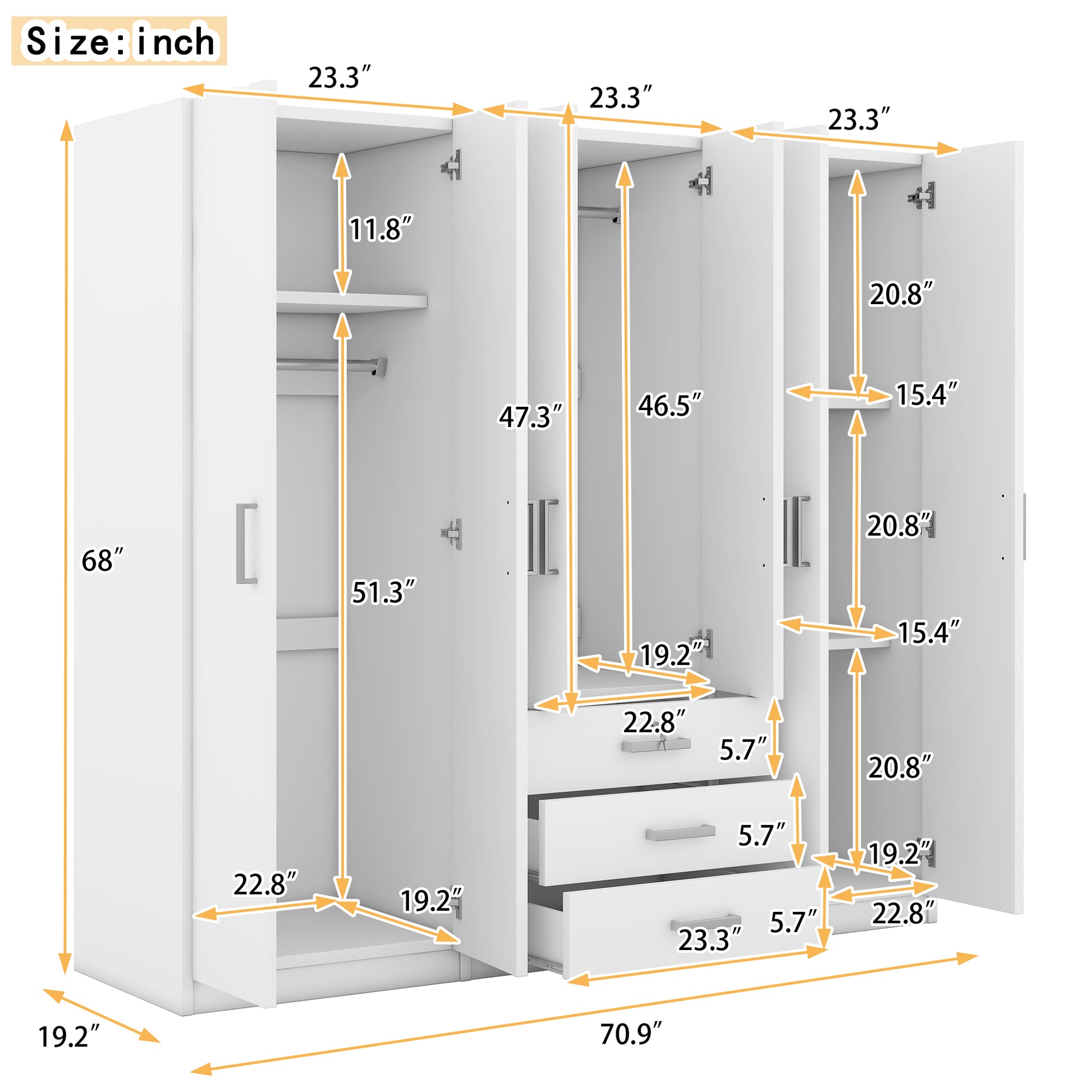 6 Doors Wooden Wardrobe Storage For Bedroom, With Big Drawers, White White Plywood