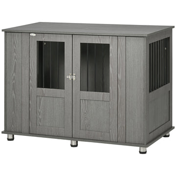 Pawhut Dog Crate Furniture, Wooden End Table Furniture With Lockable Magnetic Doors, Extra Large Size Pet Kennel Indoor Animal Cage, Gray Gray Particle Board