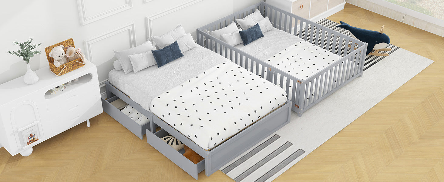 Full Size Wood Daybed With Fence Guardrails And 2 Drawers, Split Into Independent Floor Bed & Daybed, Gray Old Sku :Lp000882Aae Full Gray Solid Wood Mdf