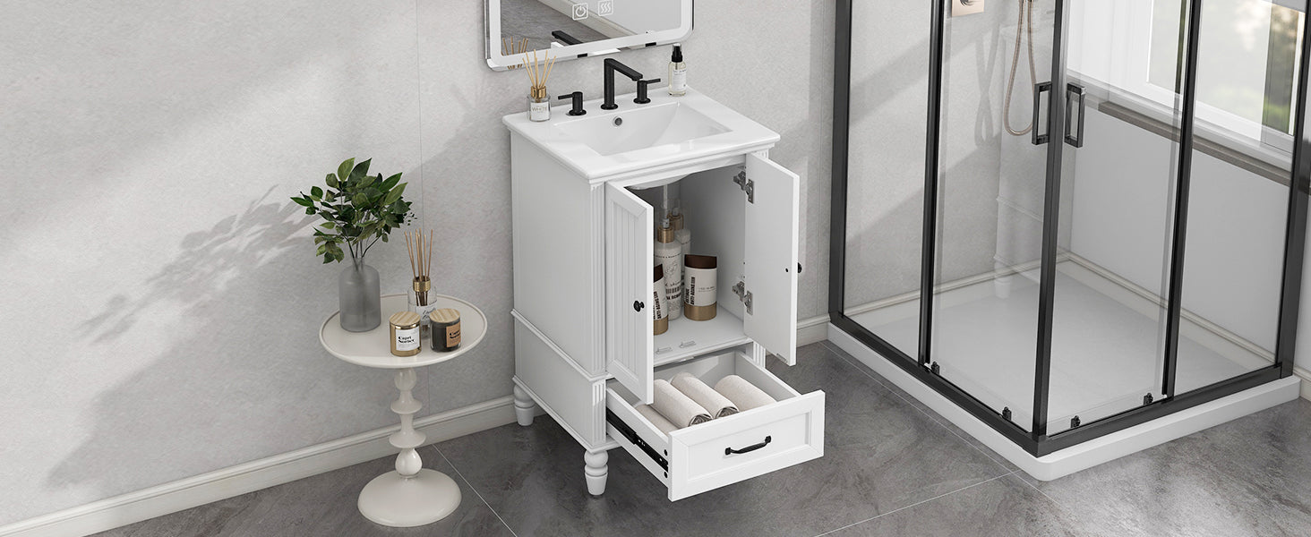 20" Bathroom Vanity With Sink, Bathroom Cabinet With Two Doors, Magnetic Door Stopper And Adiustable Foot Pads, A Drawer, White White Mdf