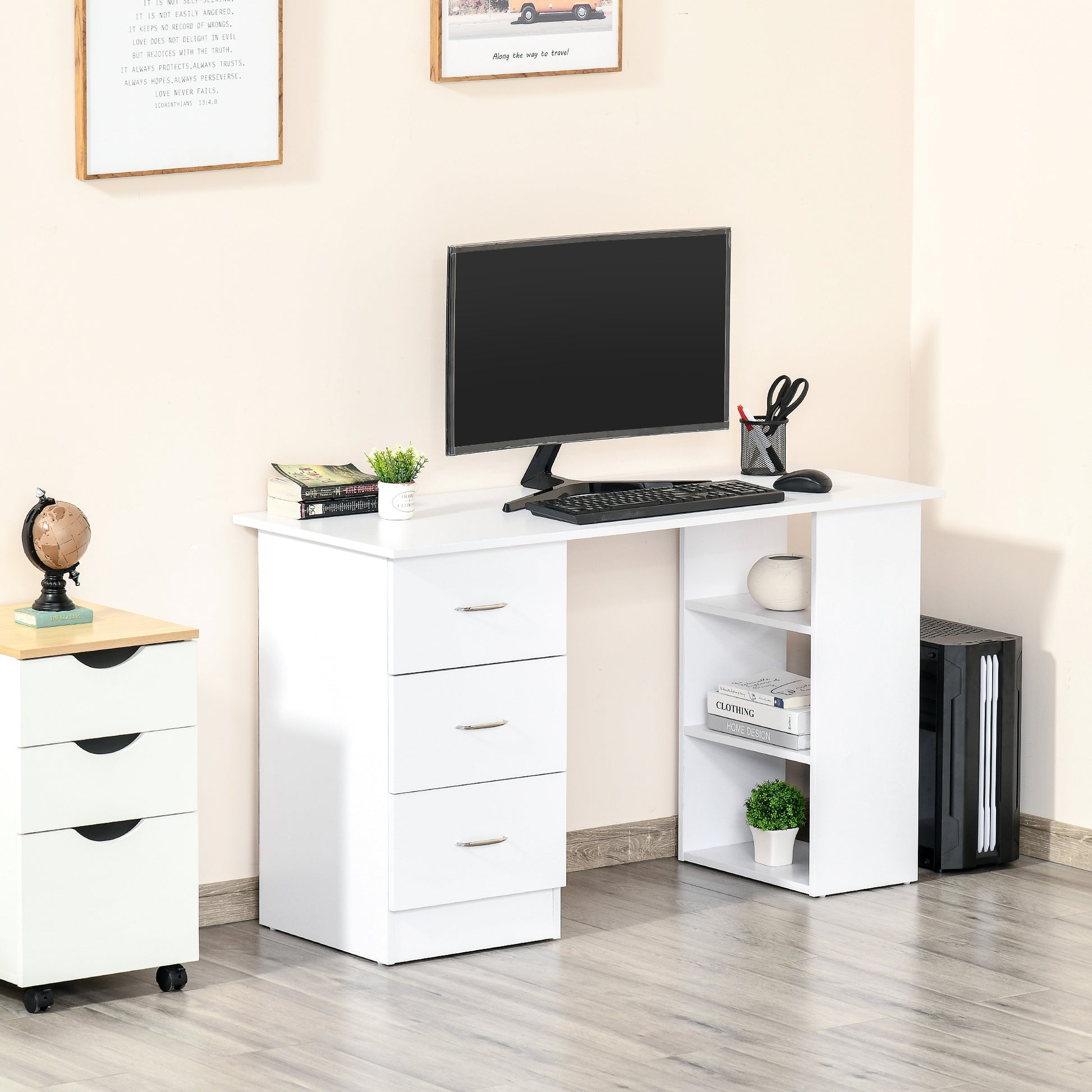 Homcom 47" Modern Home Office Computer Desk Bookcase Combo Writing Table Workstation With 3 Drawer And Storage Shelf White White Mdf