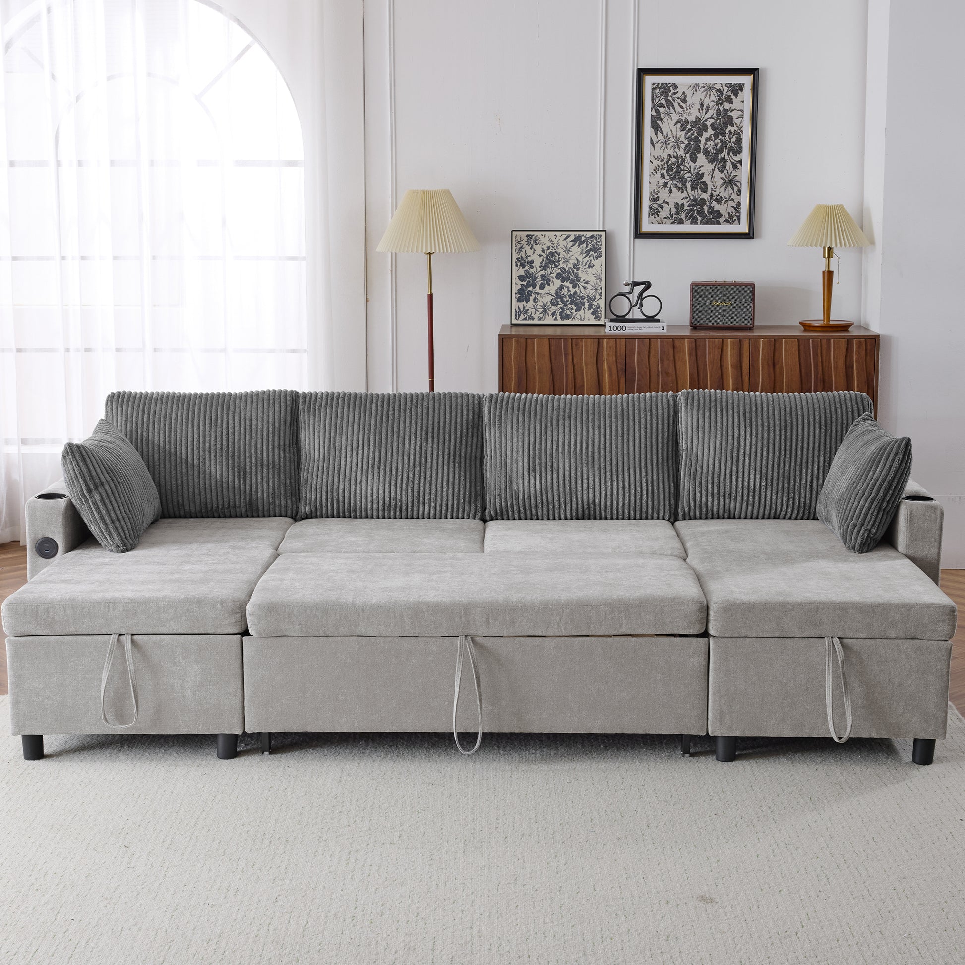 111.8" Sectional Sofa Pull Out Sofa Bed Versatile Sofa Sleeper With Large Storage Space, Two Usb Ports And Two Cup Holders For Living Room, Grey Grey Foam Chenille 4 Seat