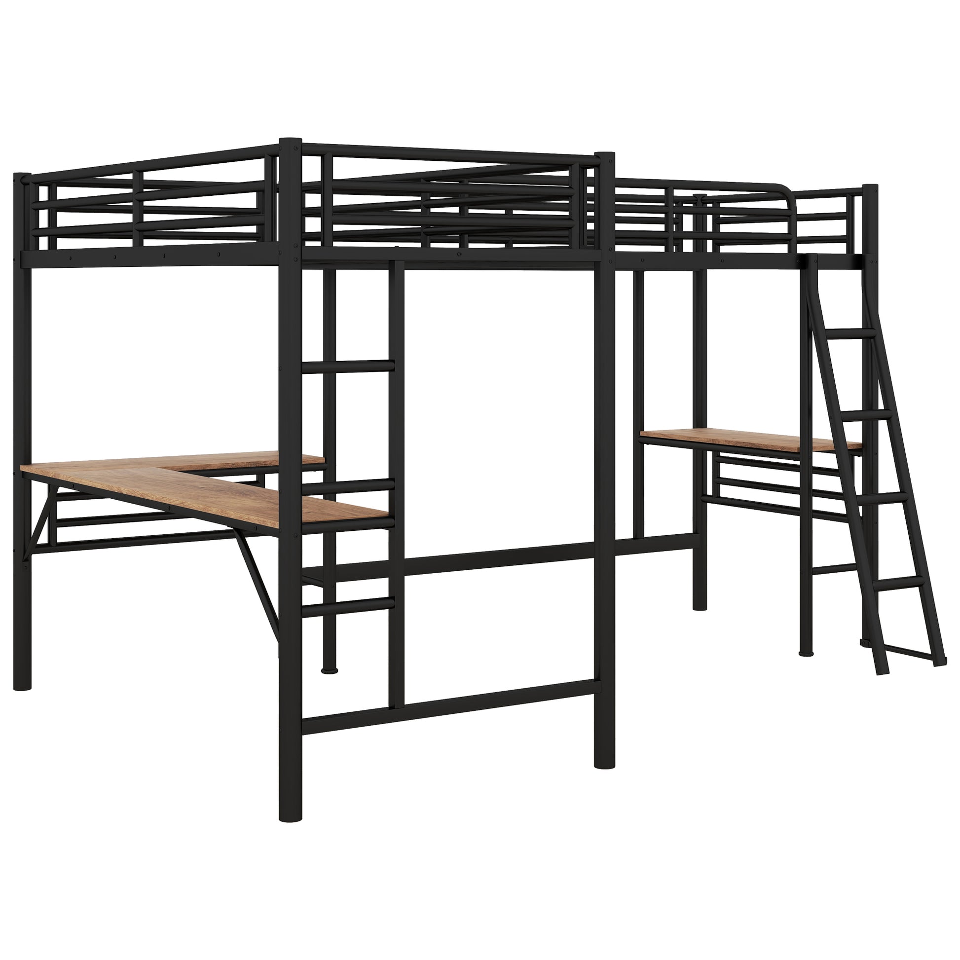 Twin Size Metal Loft Bed With Two Built In Desks,Black Twin Black Metal