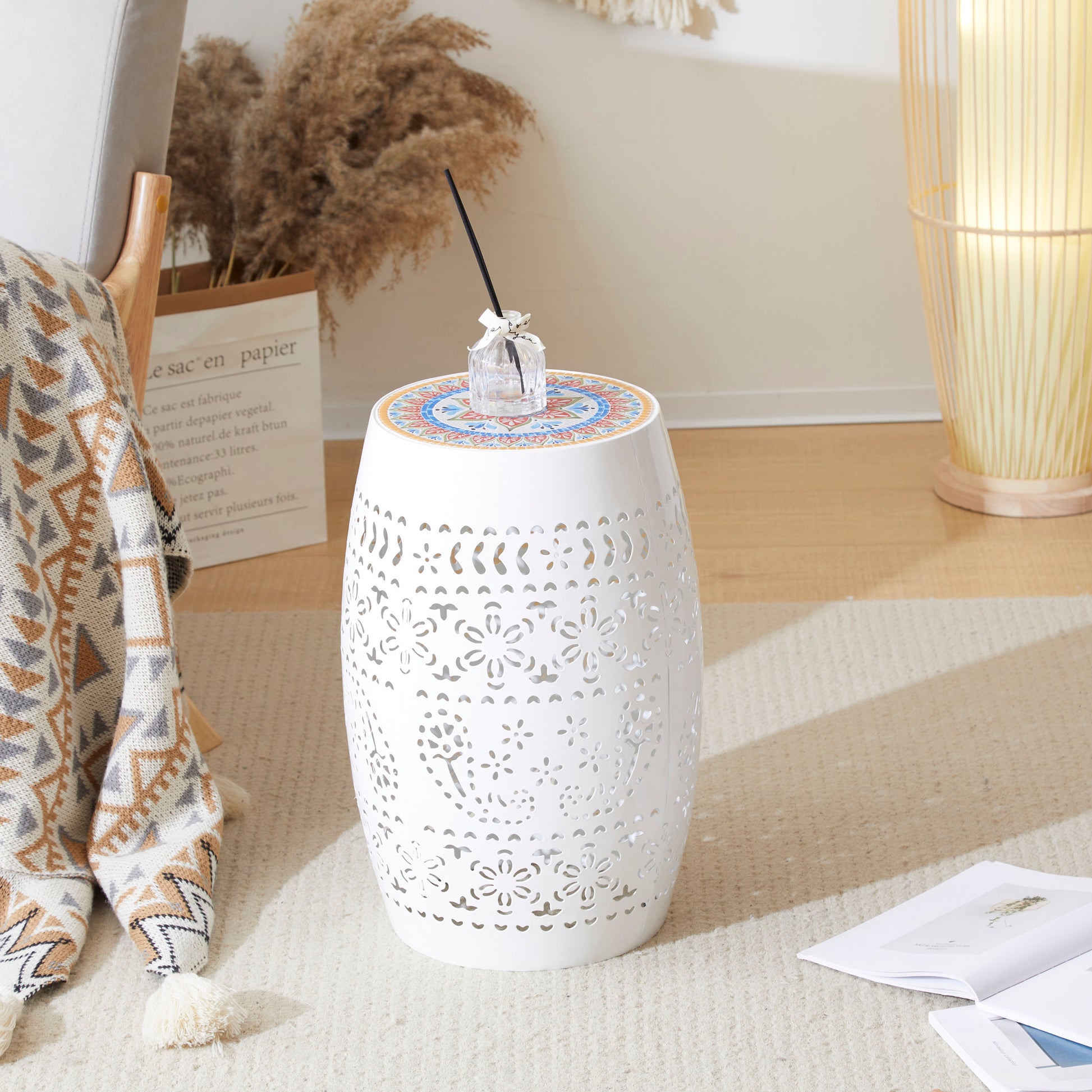 Ruby 12" Side Table White White Ceramic Tile Iron