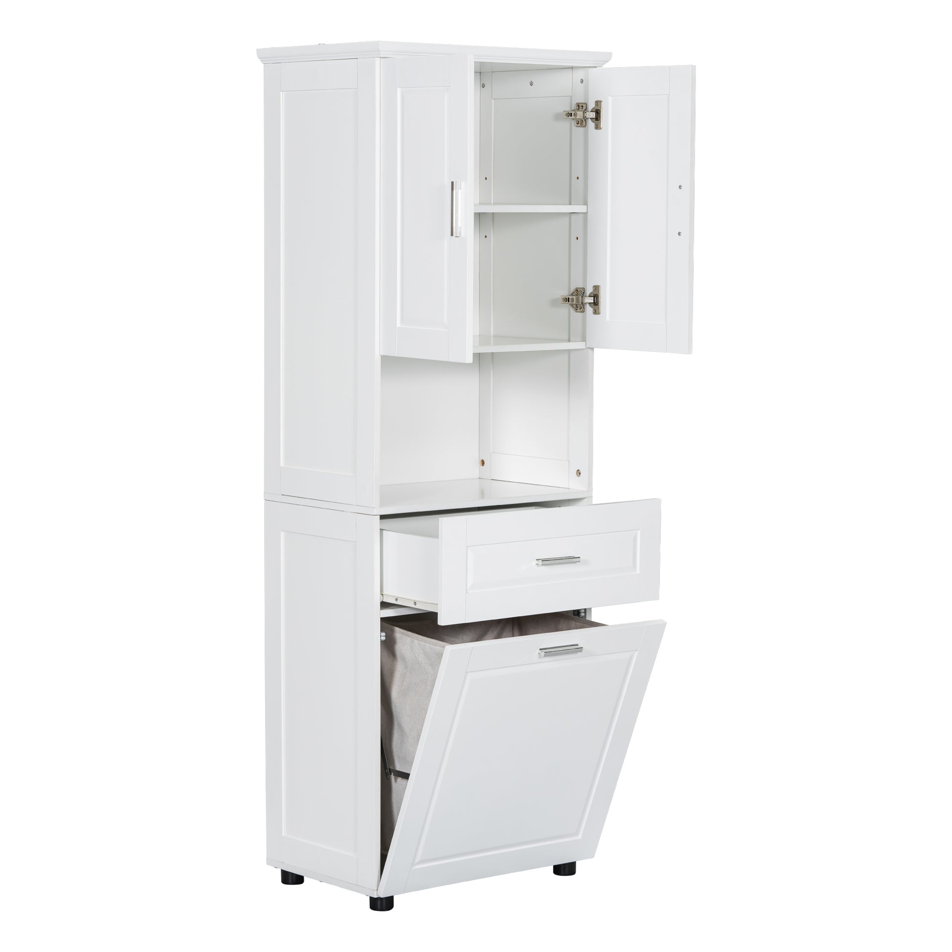 Tall Bathroom Cabinet With Laundry Basket, Large Storage Space Tilt Out Laundry Hamper And Upper Storage Cabinet, White White Mdf